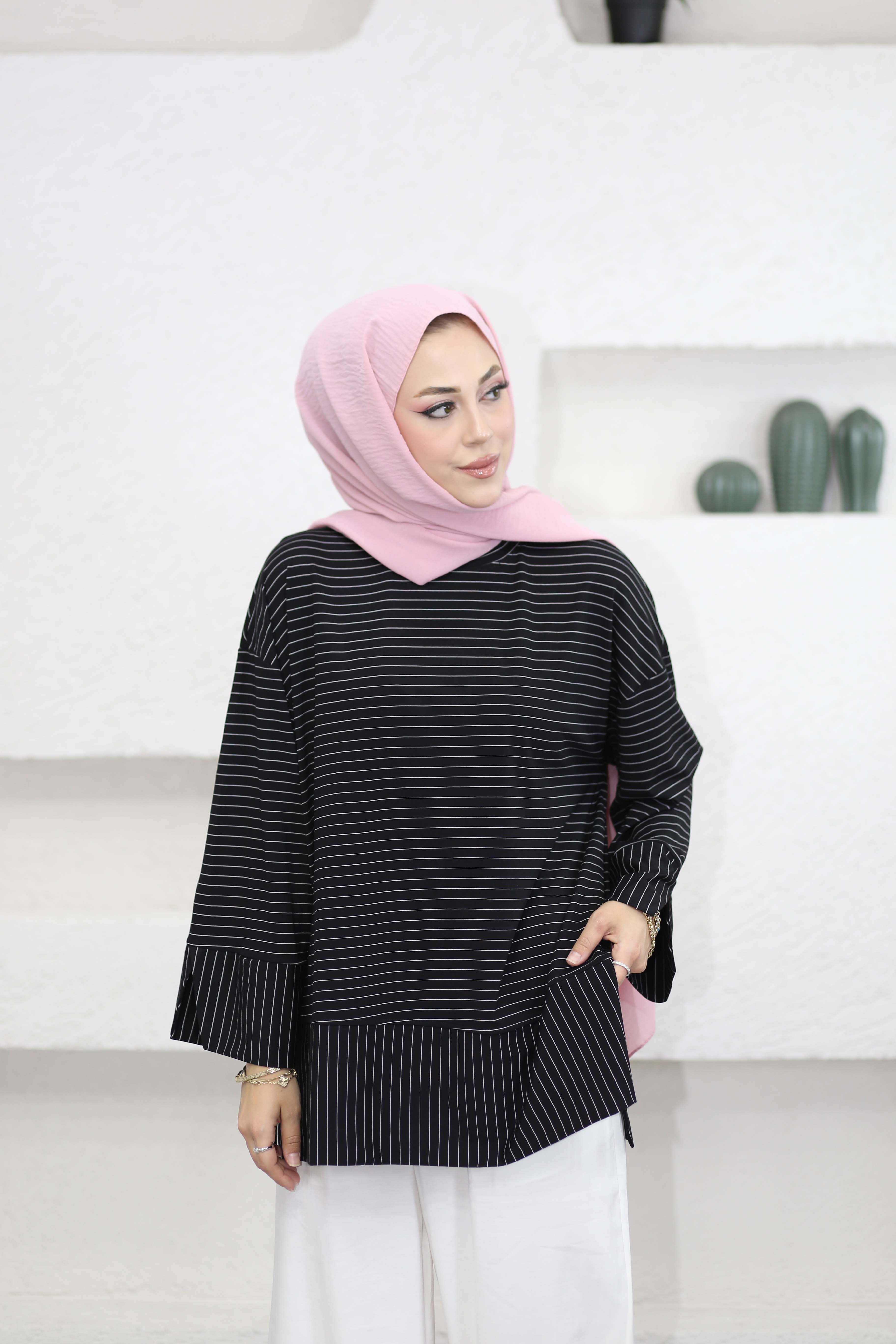 Çizgili Penye Tunik Siyah 5023