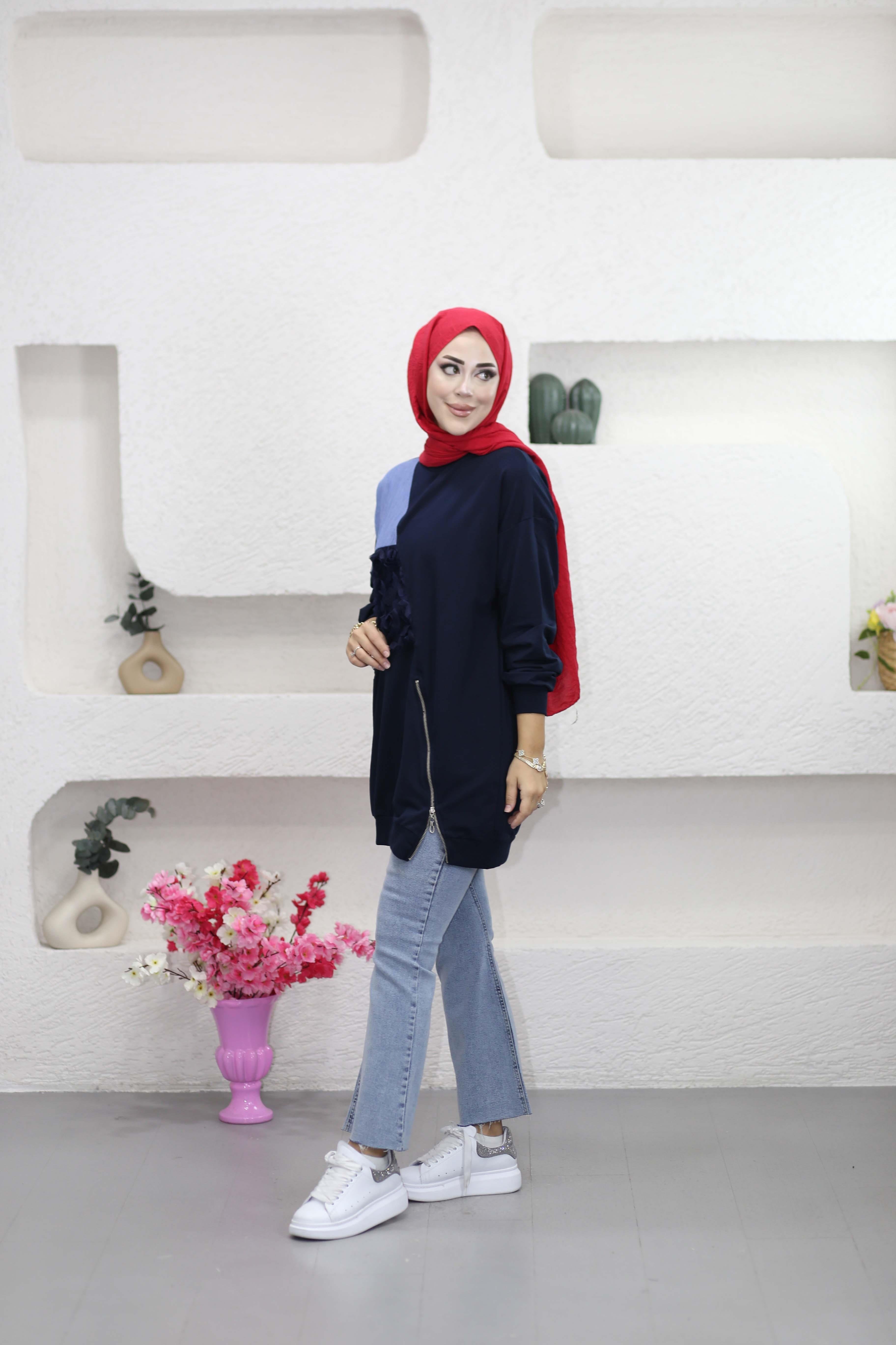 Tül Ve Kat Garnili Sweat Lacivert 3127