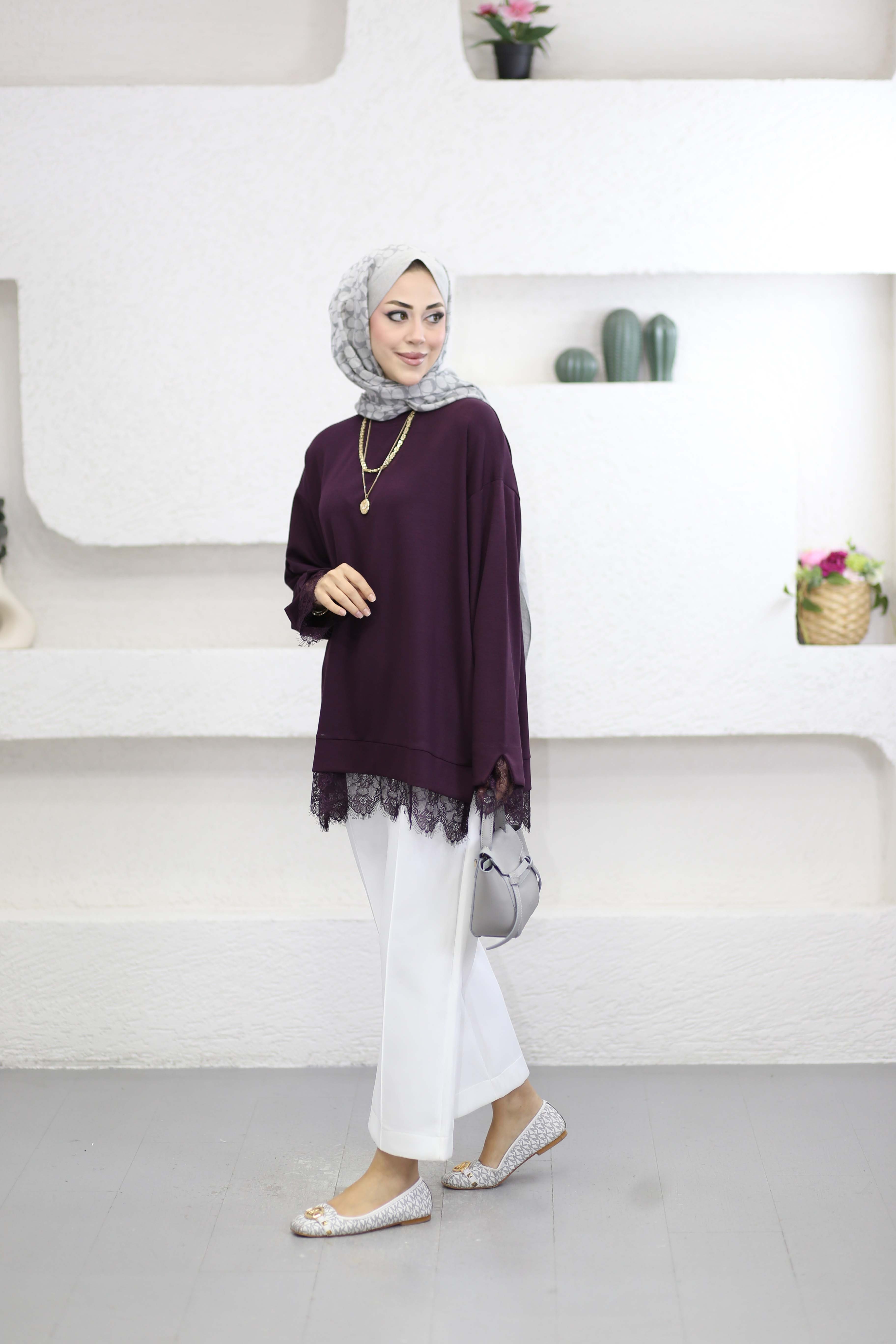 Dantel Detay Yıldız Sweat Bordo 6746