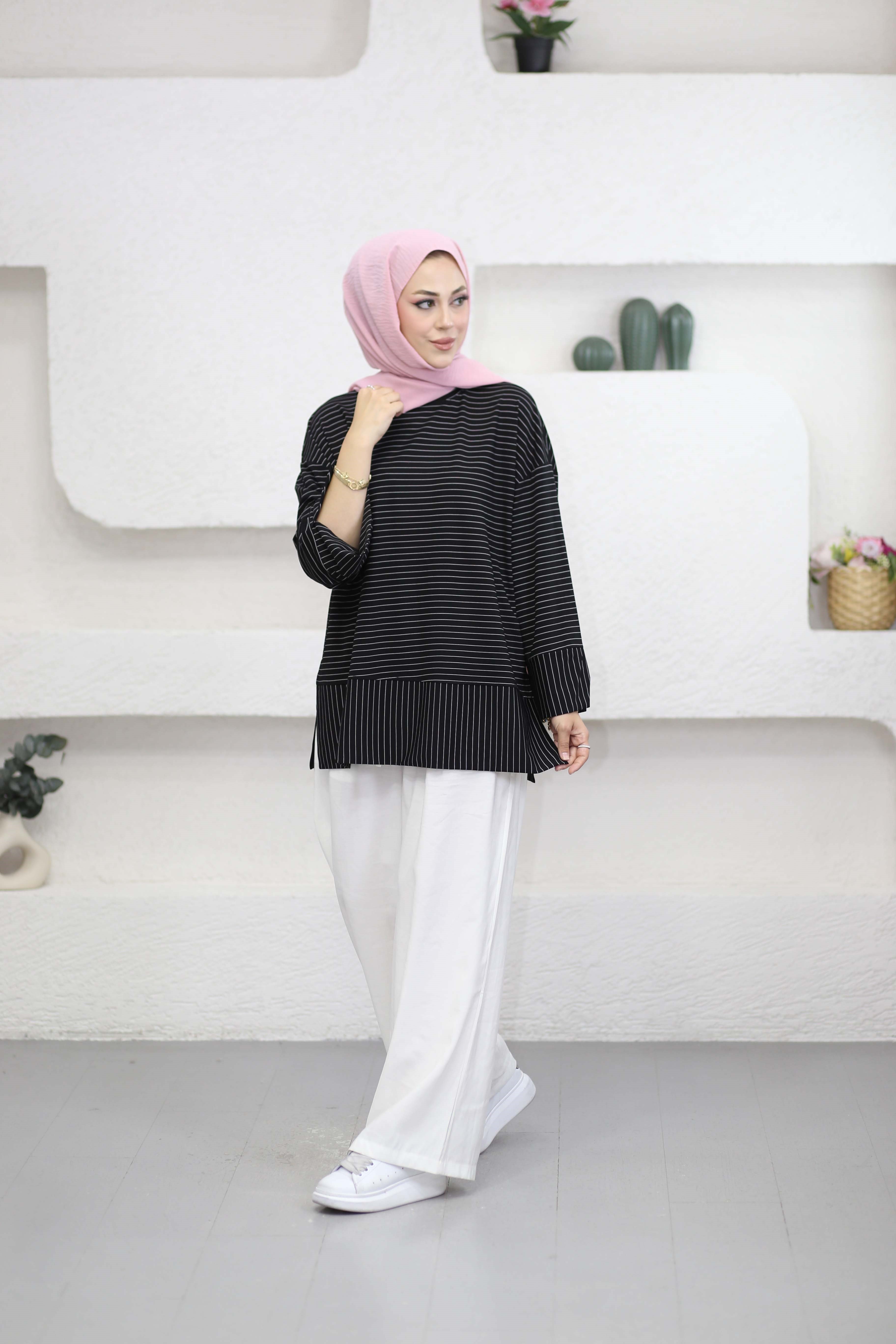 Çizgili Penye Tunik Siyah 5023