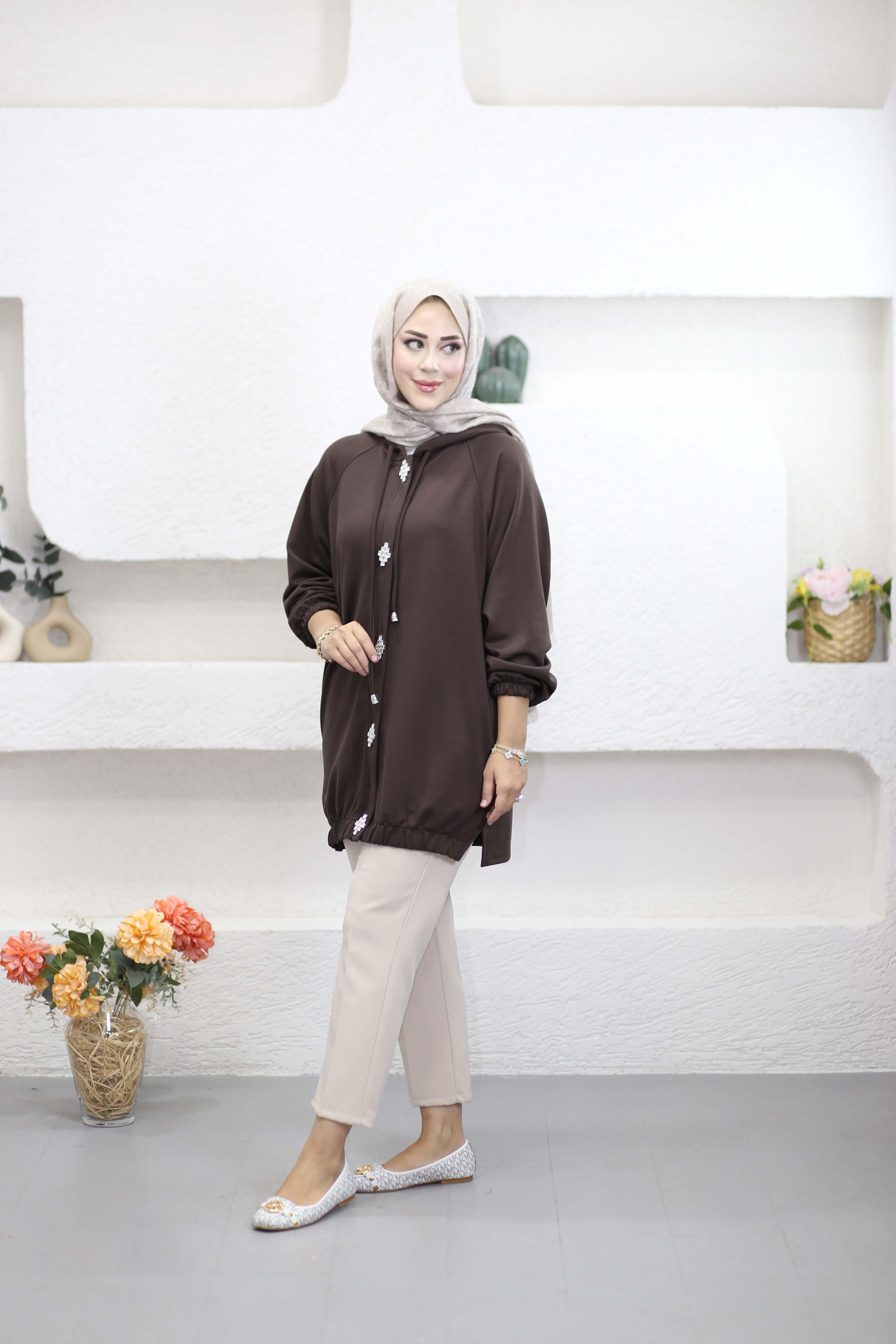 Kristal Dokunuş Kapşonlu Sweat Kahverengi 250305