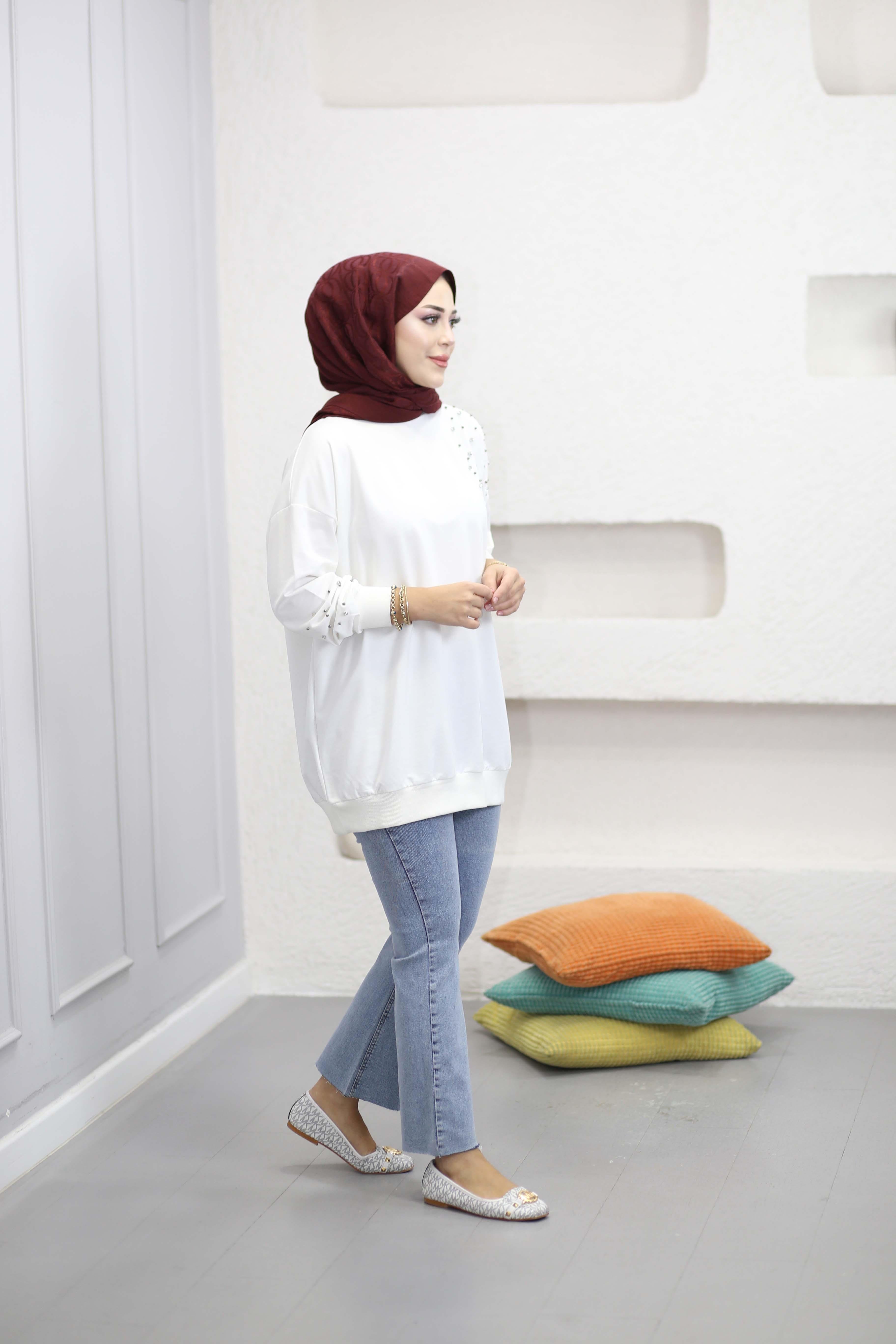 Taş Ve İnci Detaylı Sweat Beyaz 2408