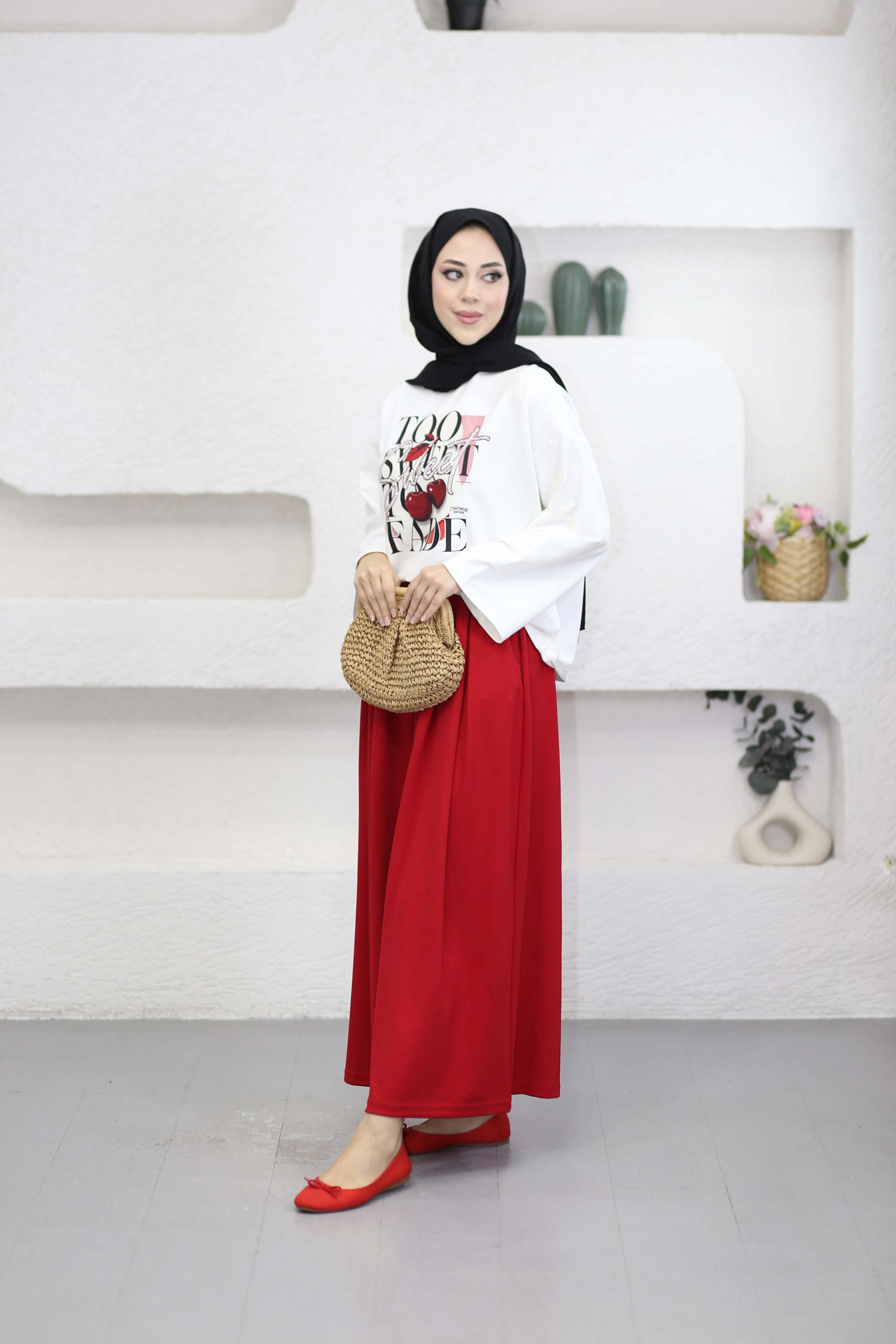 Oversize Baskılı Tişört Bordo 2792