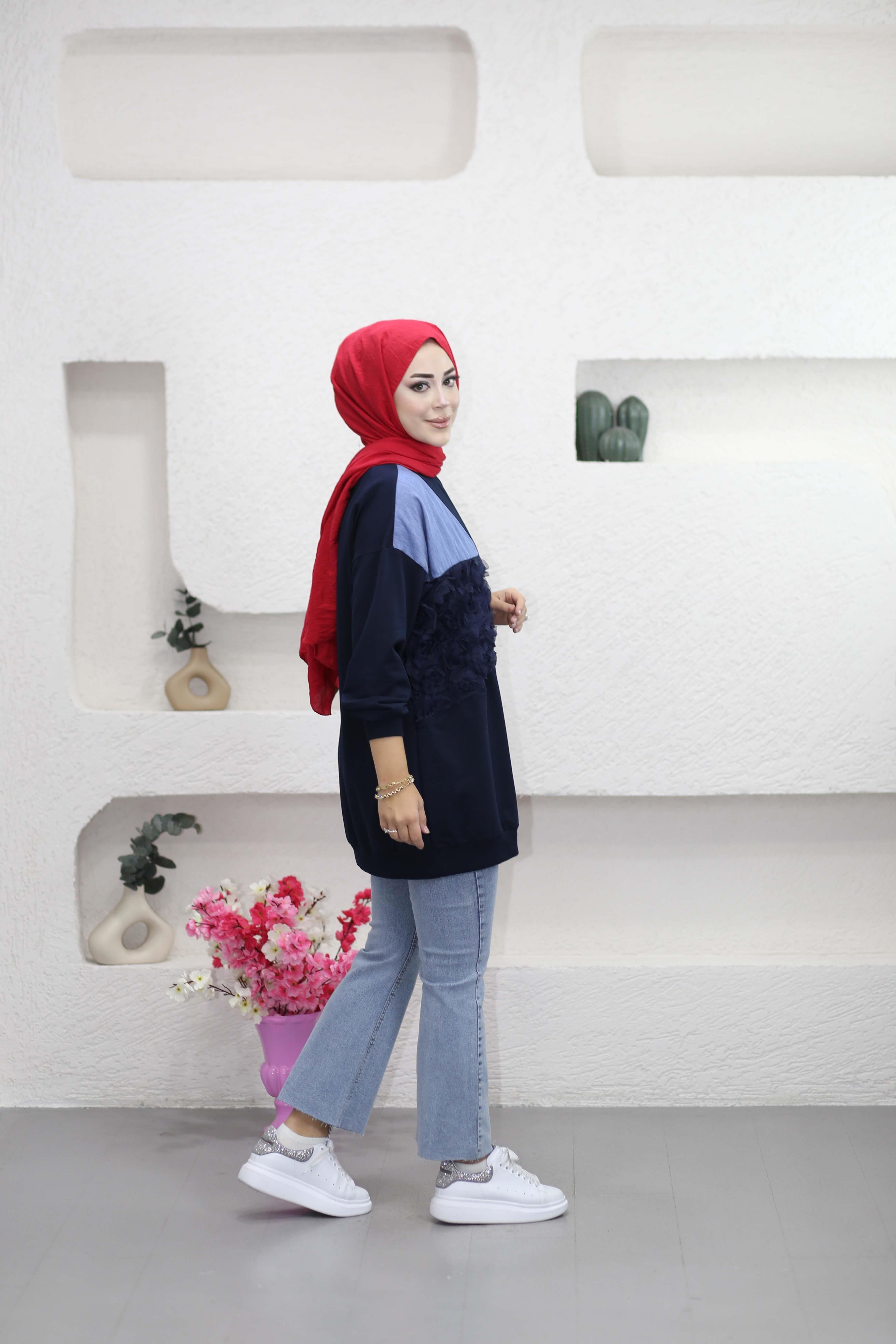 Tül Ve Kat Garnili Sweat Lacivert 3127