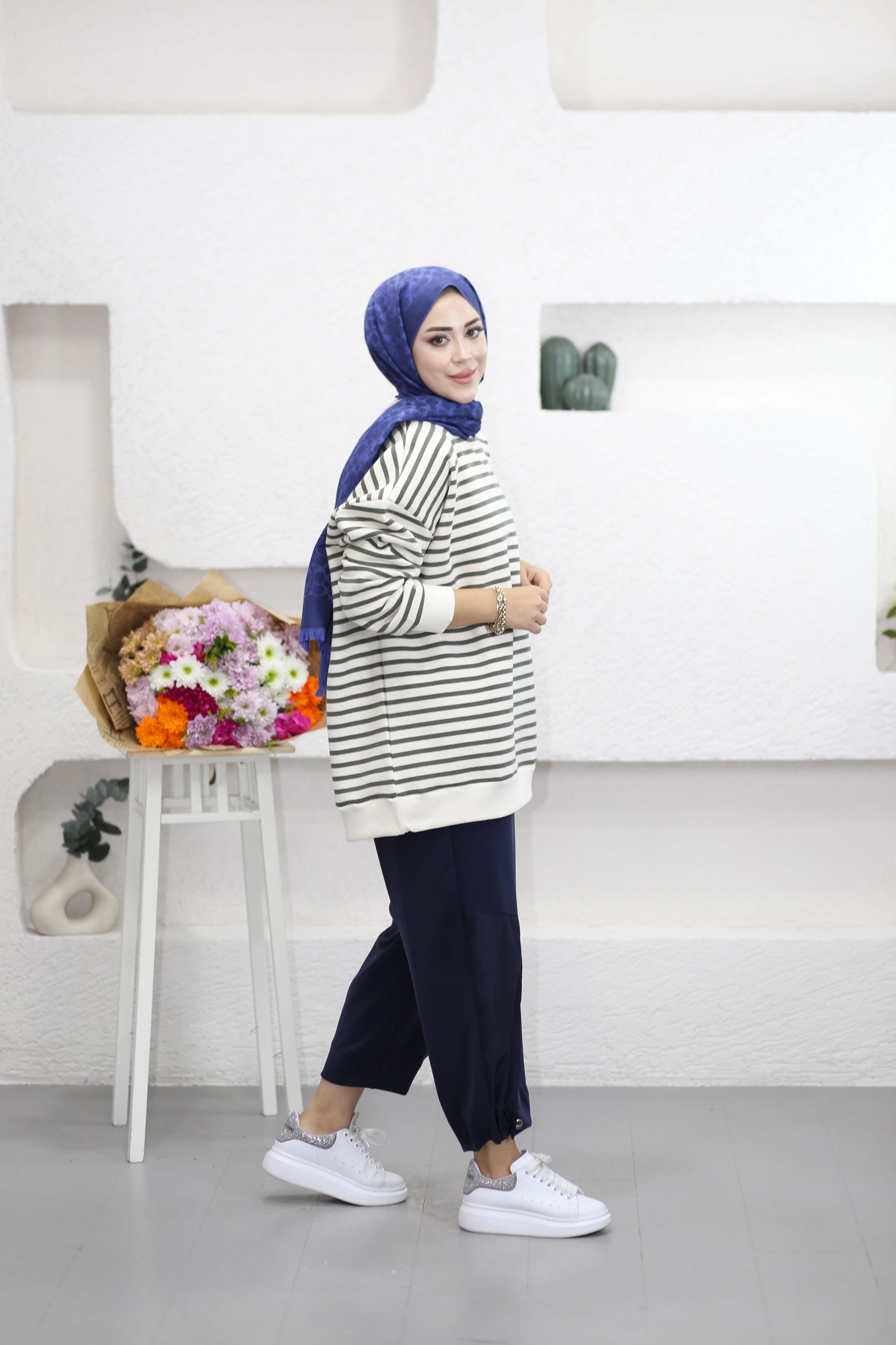 Oversize Çizgili Sweat Haki 3030