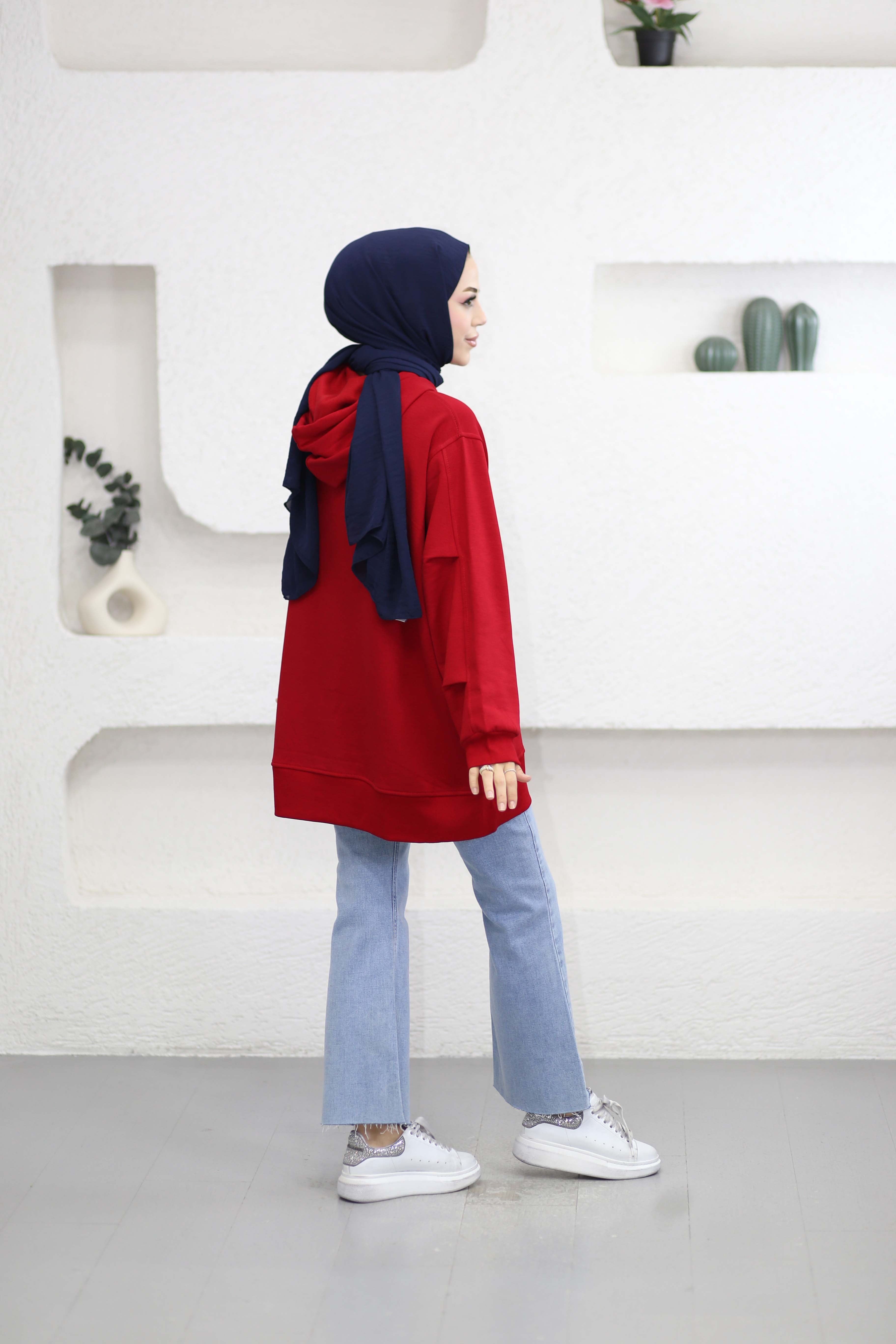 Baskılı Kapşonlu Sweat Kırmızı 6778
