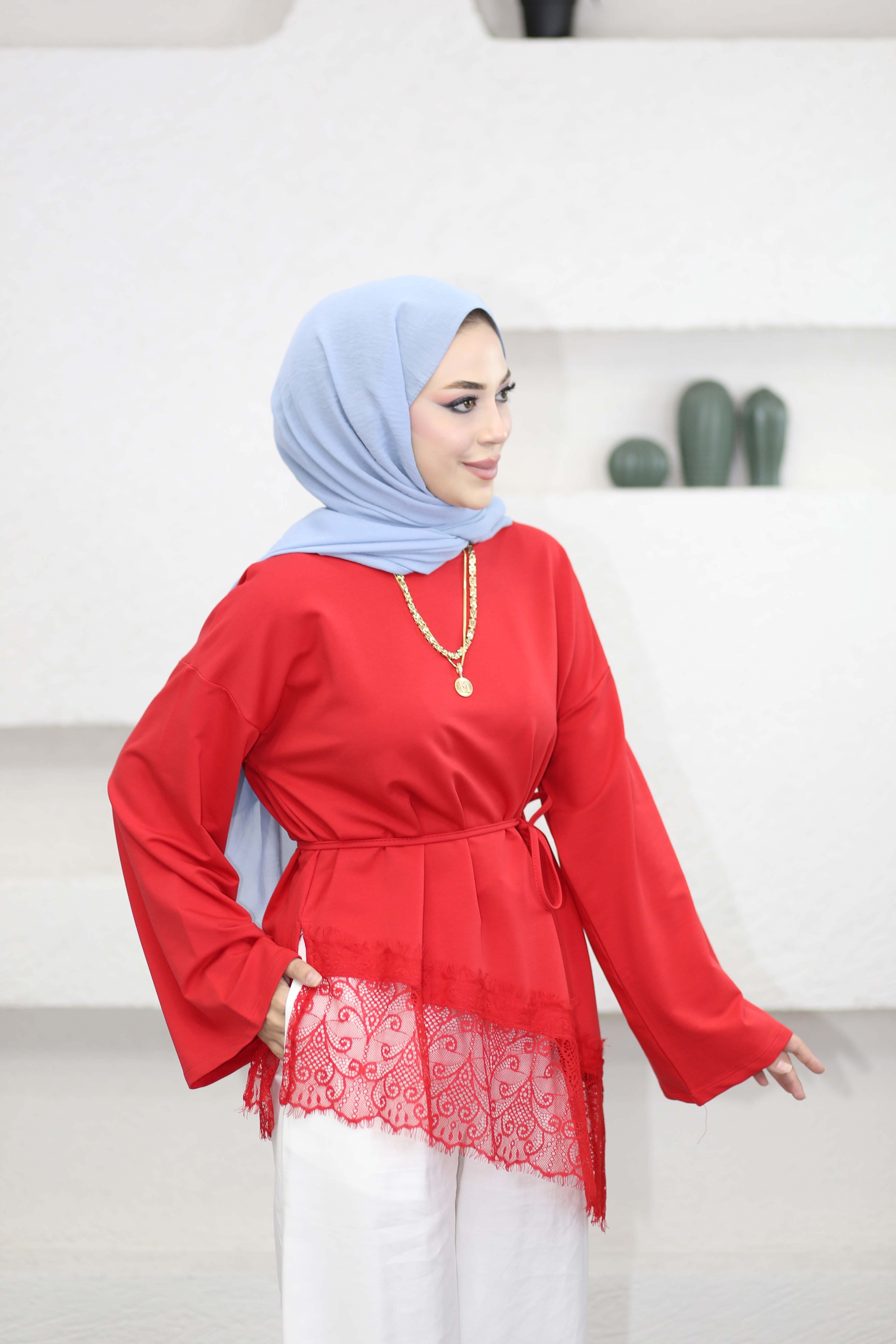 Eteği Dantelli Sweat Kırmızı 3491