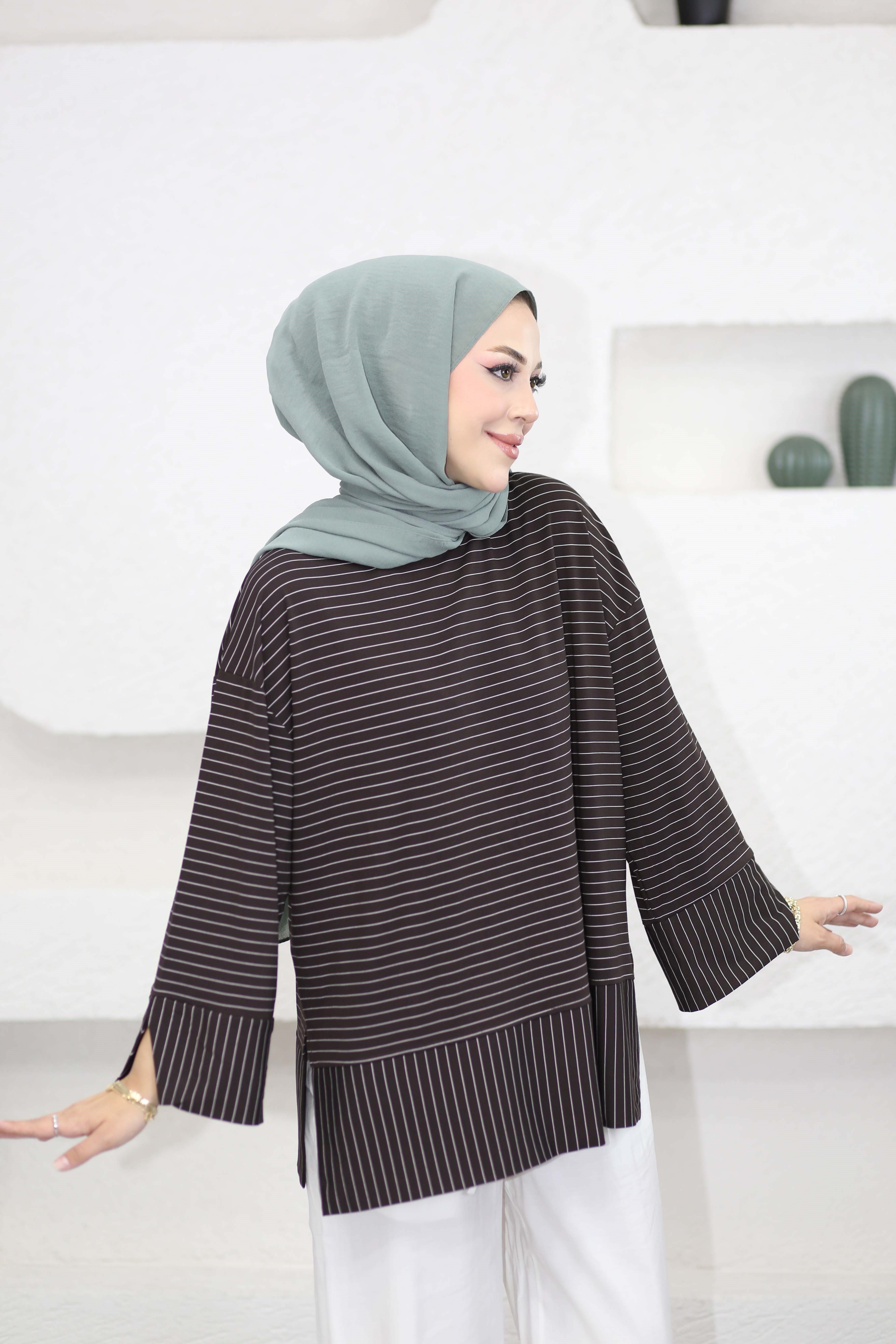 Çizgili Penye Tunik Kahverengi 5023