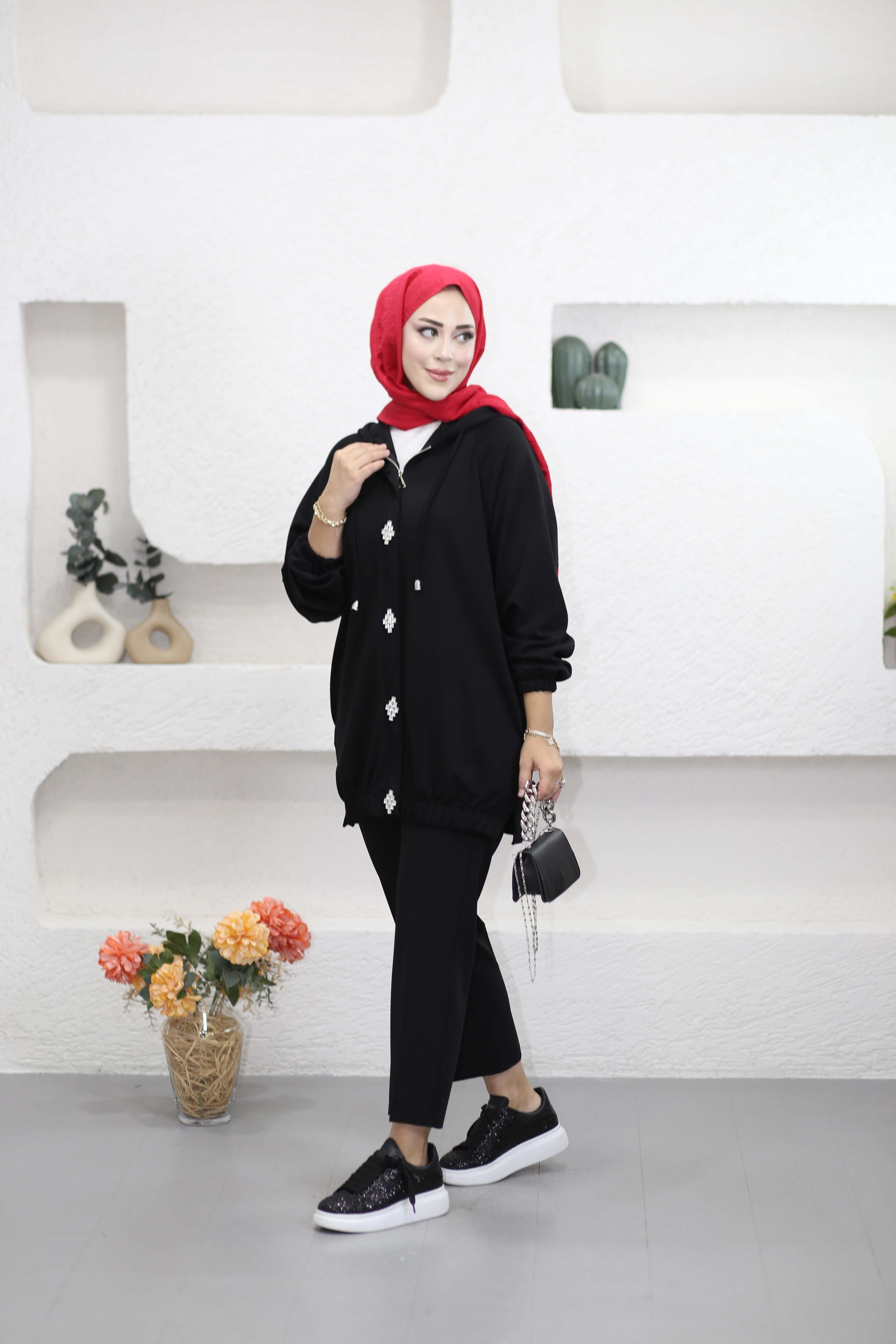 Kristal Dokunuş Kapşonlu Sweat Siyah 250305