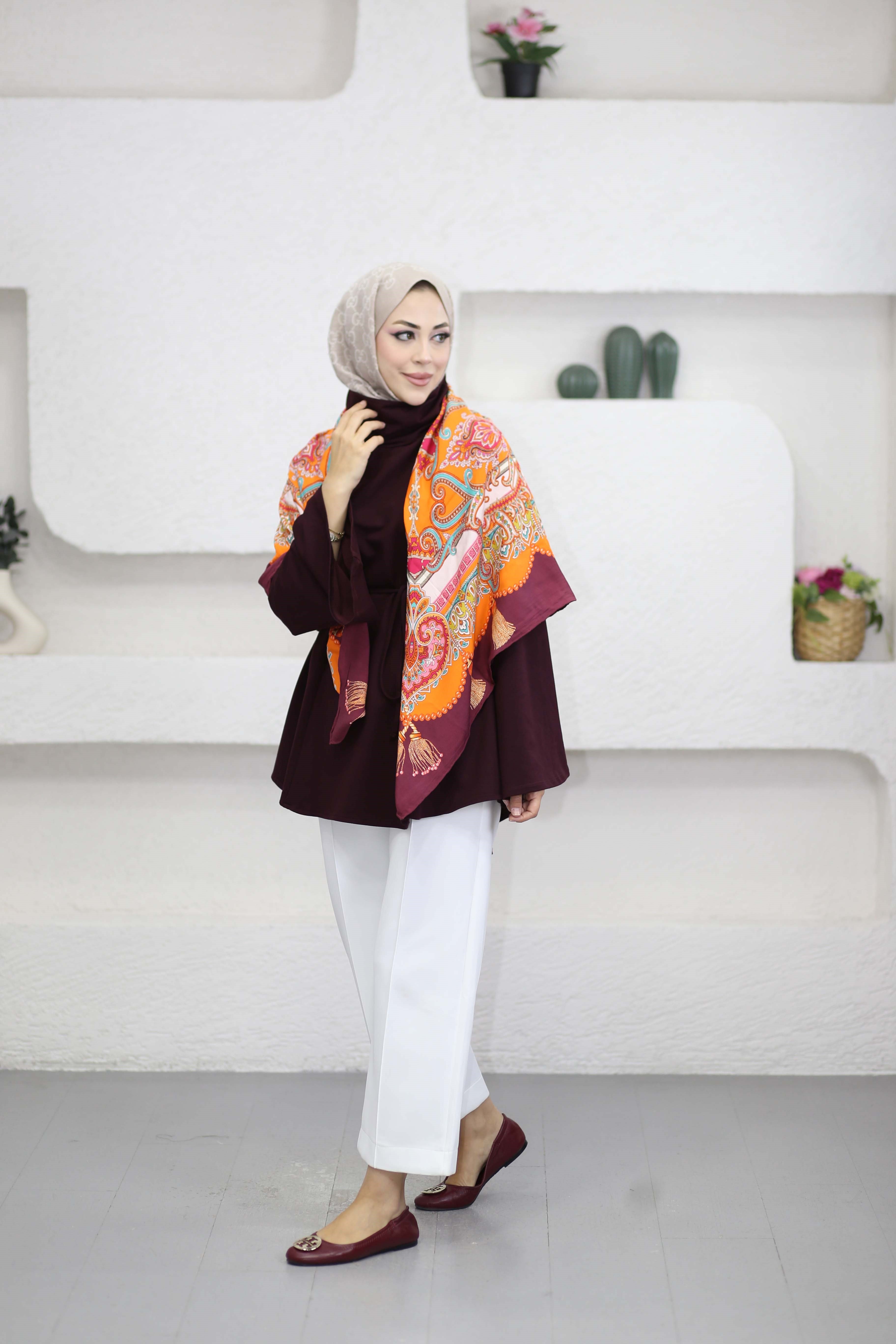 Bel Bağlamalı Dik Yaka Tunik Bordo 3540