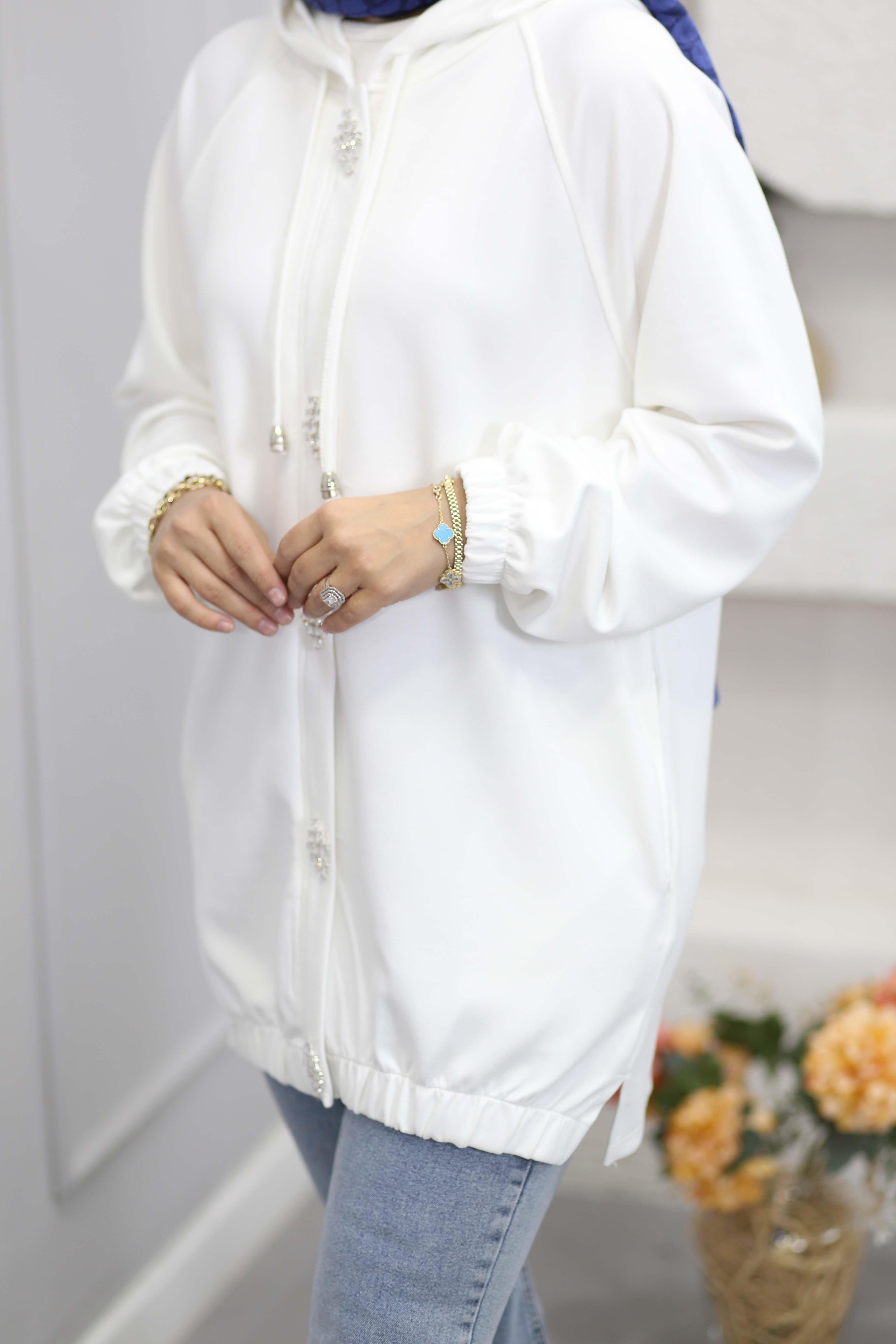 Kristal Dokunuş Kapşonlu Sweat Beyaz 250305