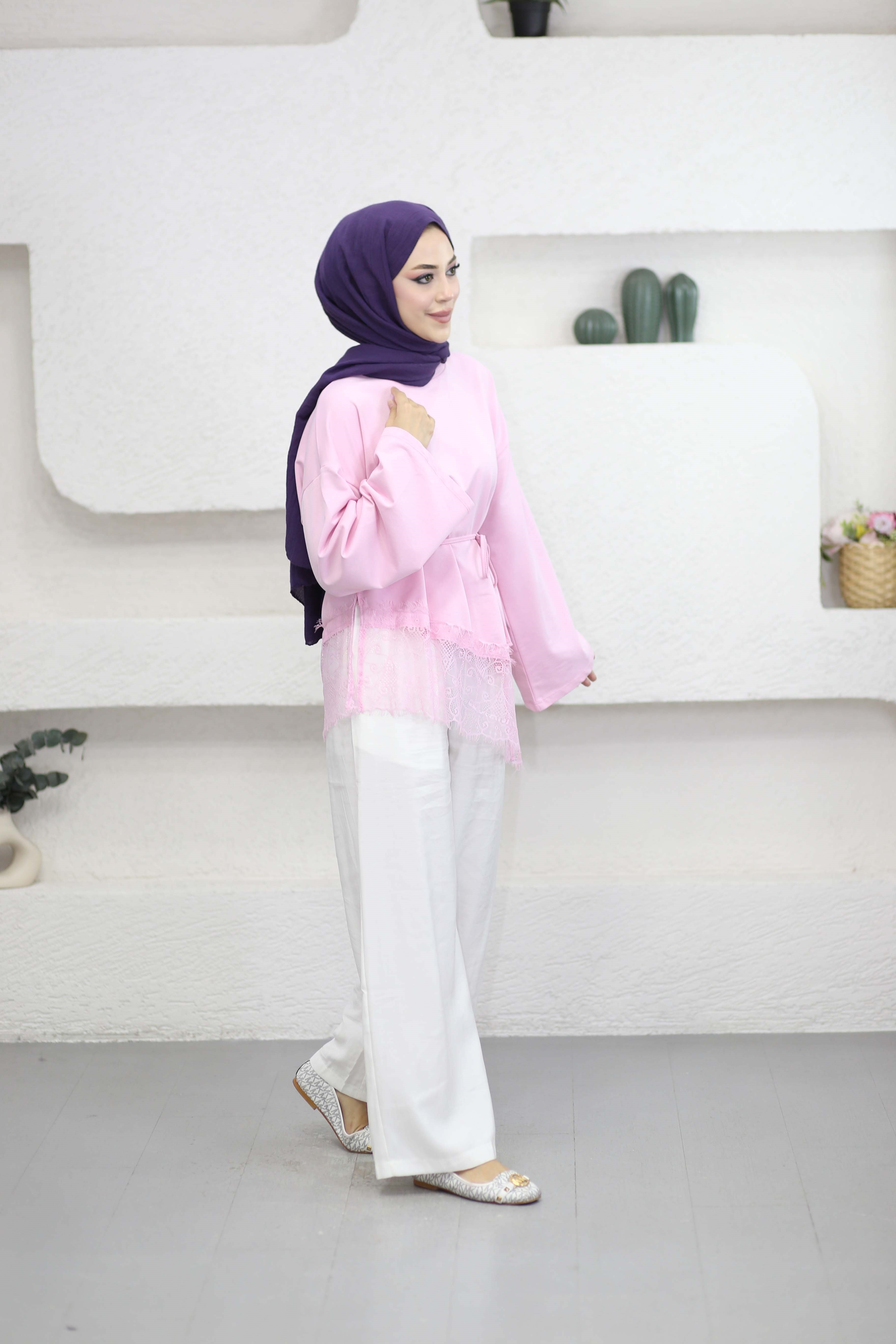 Eteği Dantelli Sweat Pembe 3491