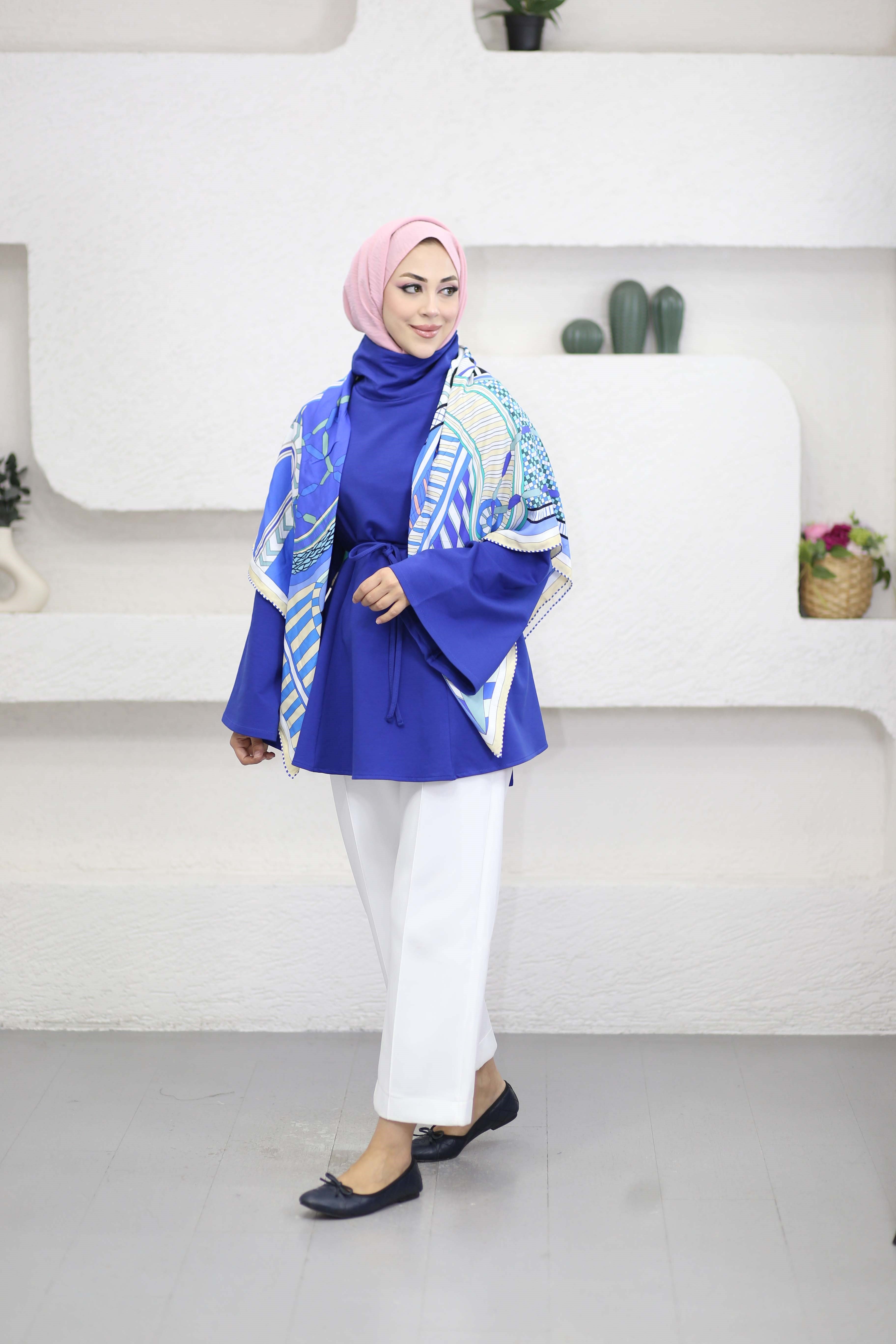 Bel Bağlamalı Dik Yaka Tunik Saks 3540