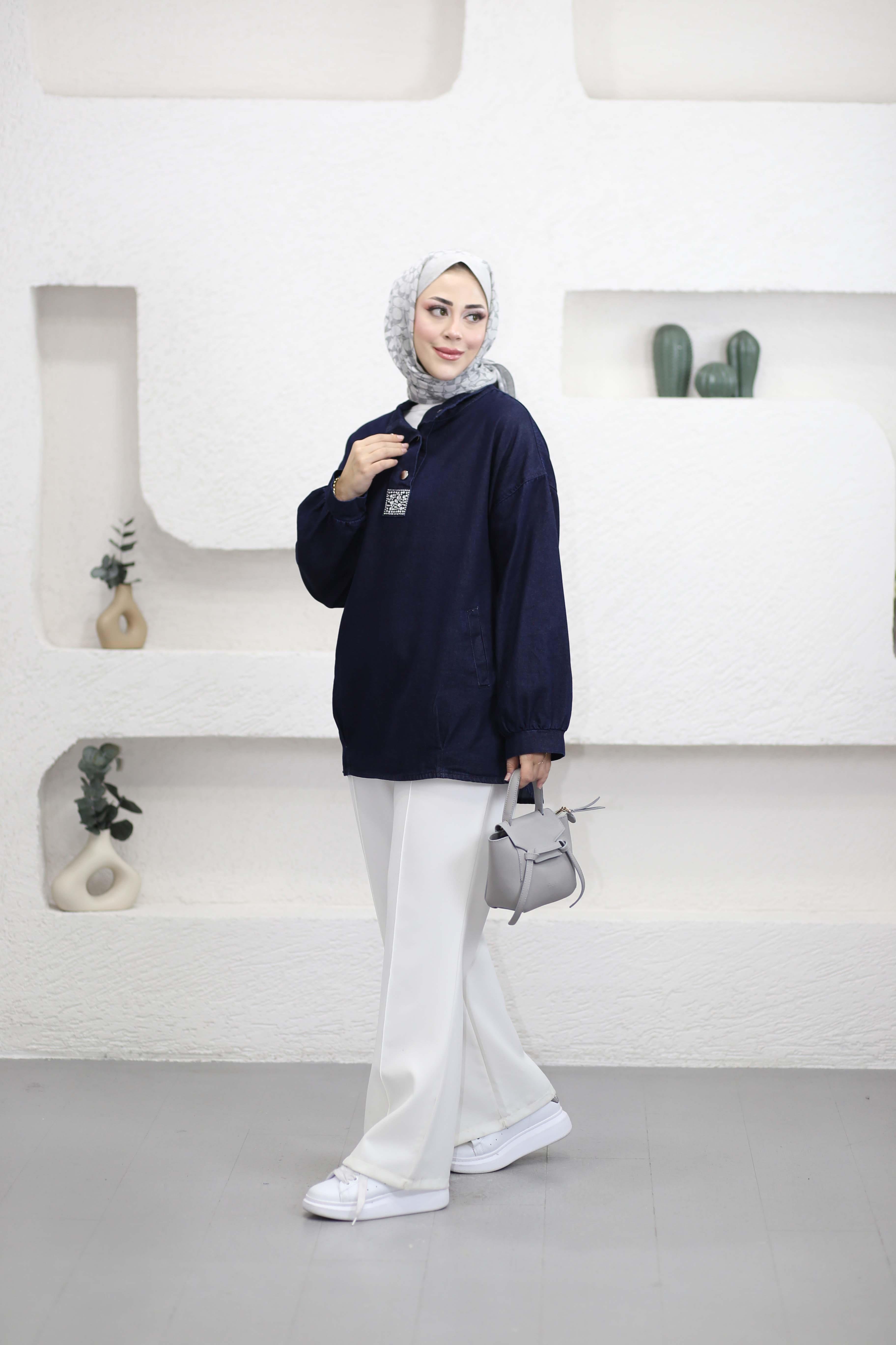 Yakası Çıtçıt Taşlı Sweat Koyu Mavi 7395