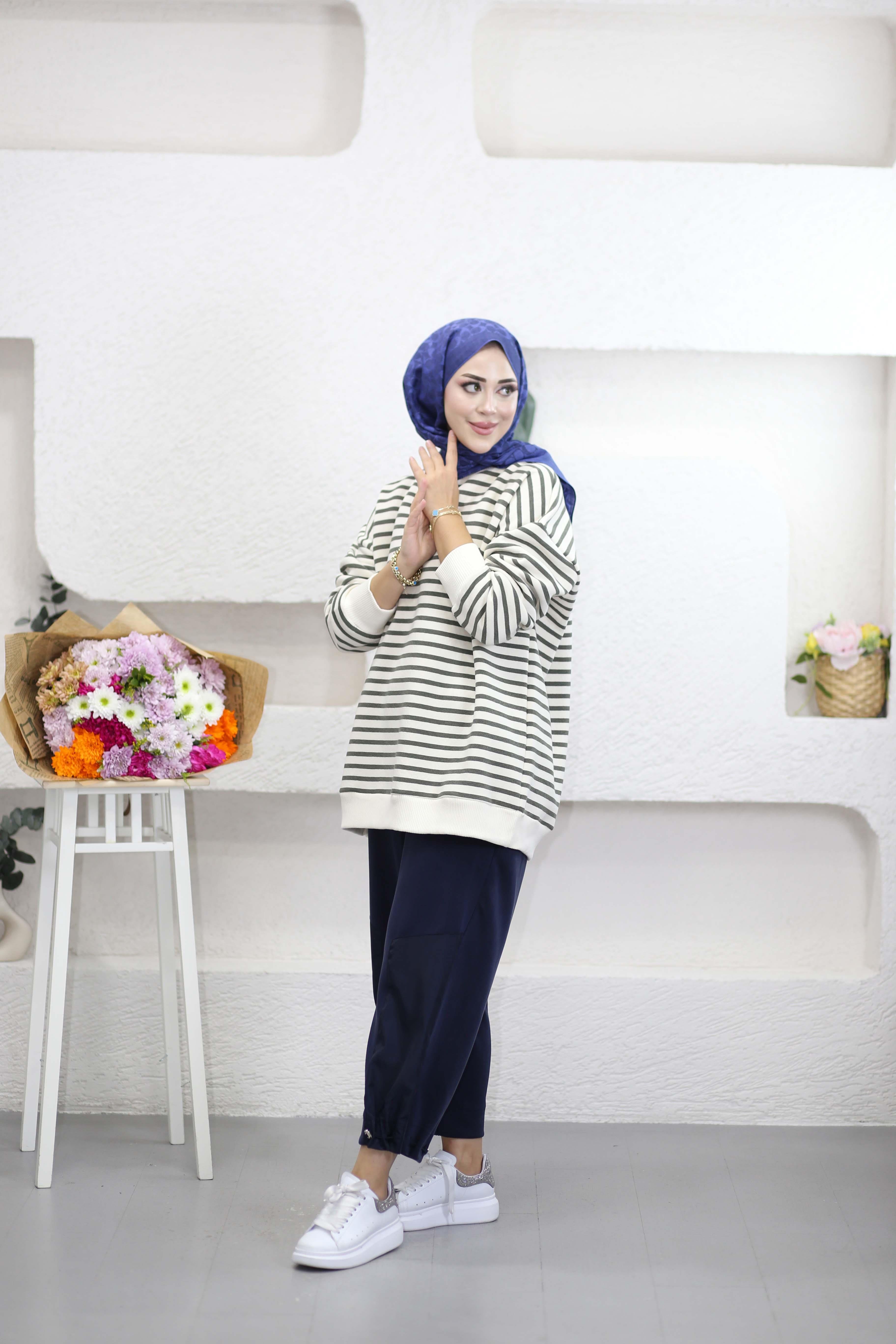 Oversize Çizgili Sweat Haki 3030
