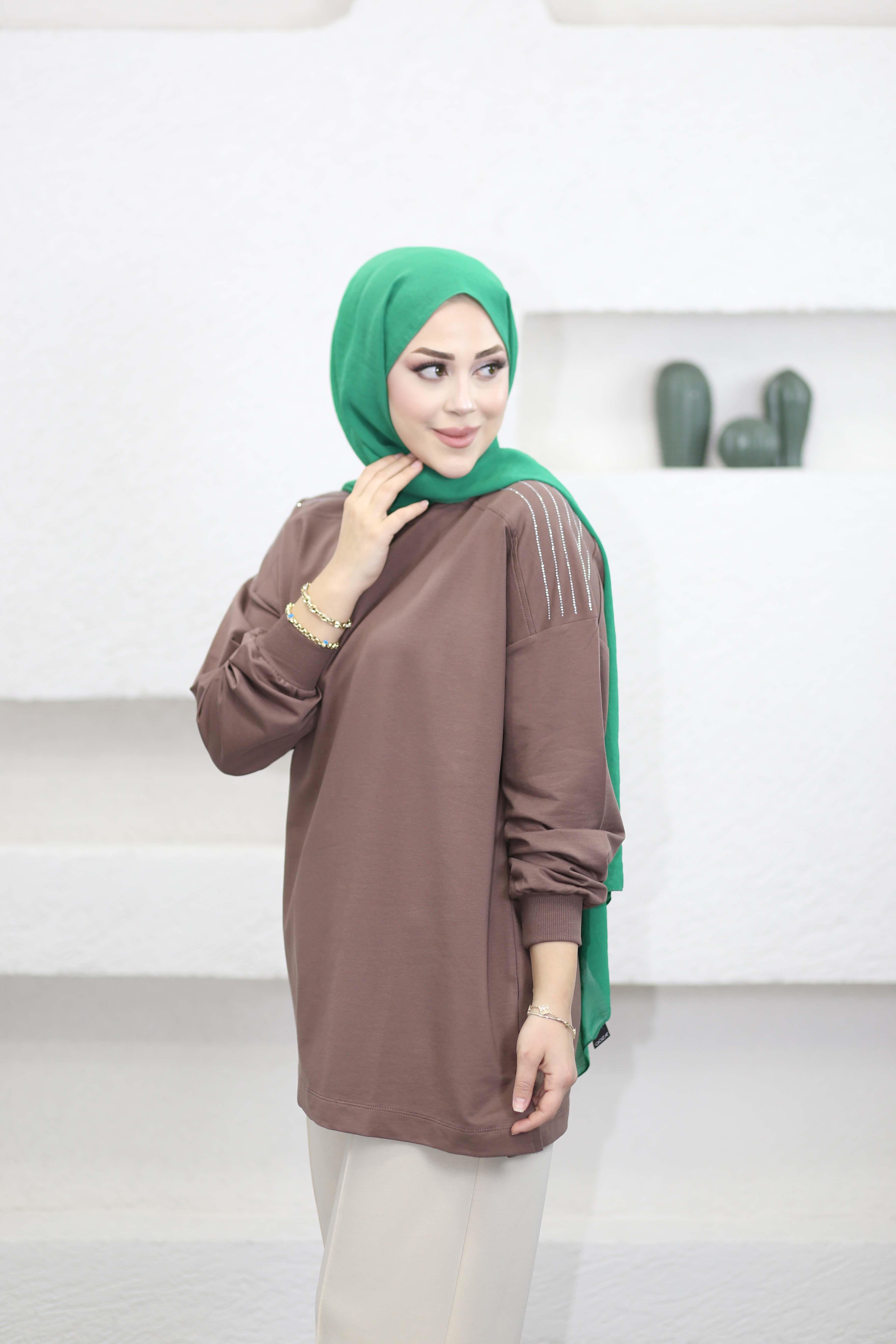 Omzu Taş Detaylı Sweat Toprak 3053