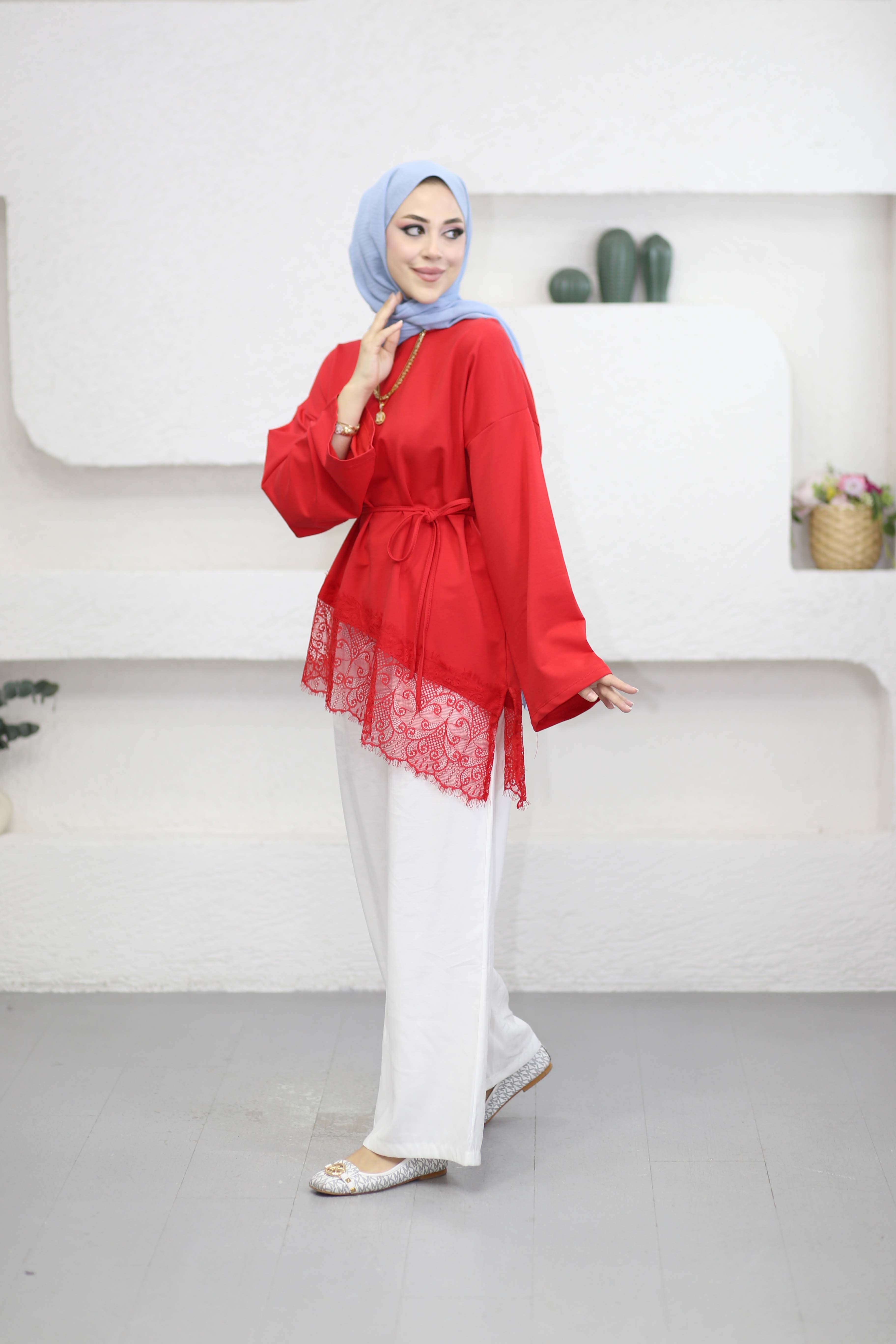 Eteği Dantelli Sweat Kırmızı 3491