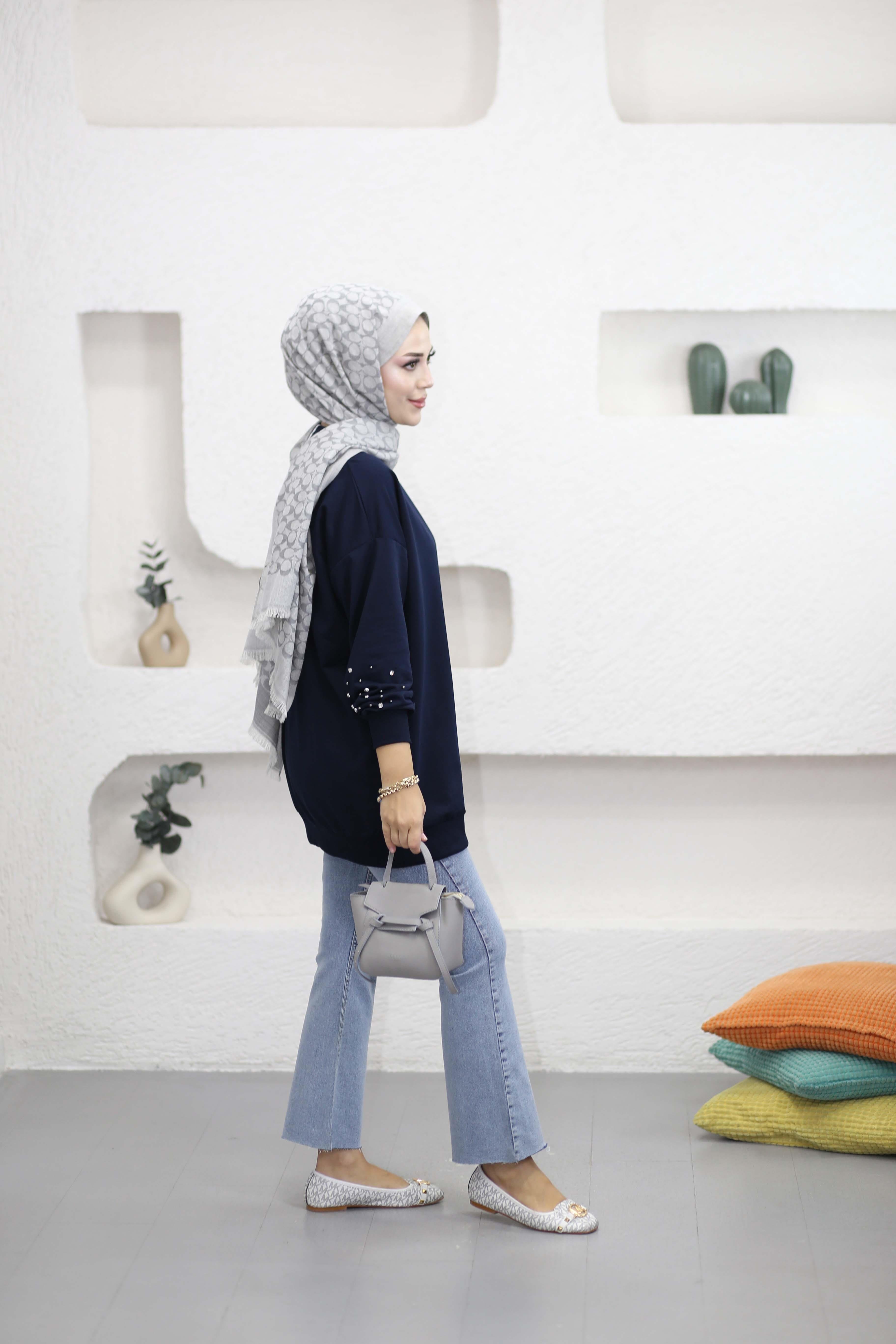 Taş Ve İnci Detaylı Sweat Lacivert 2408