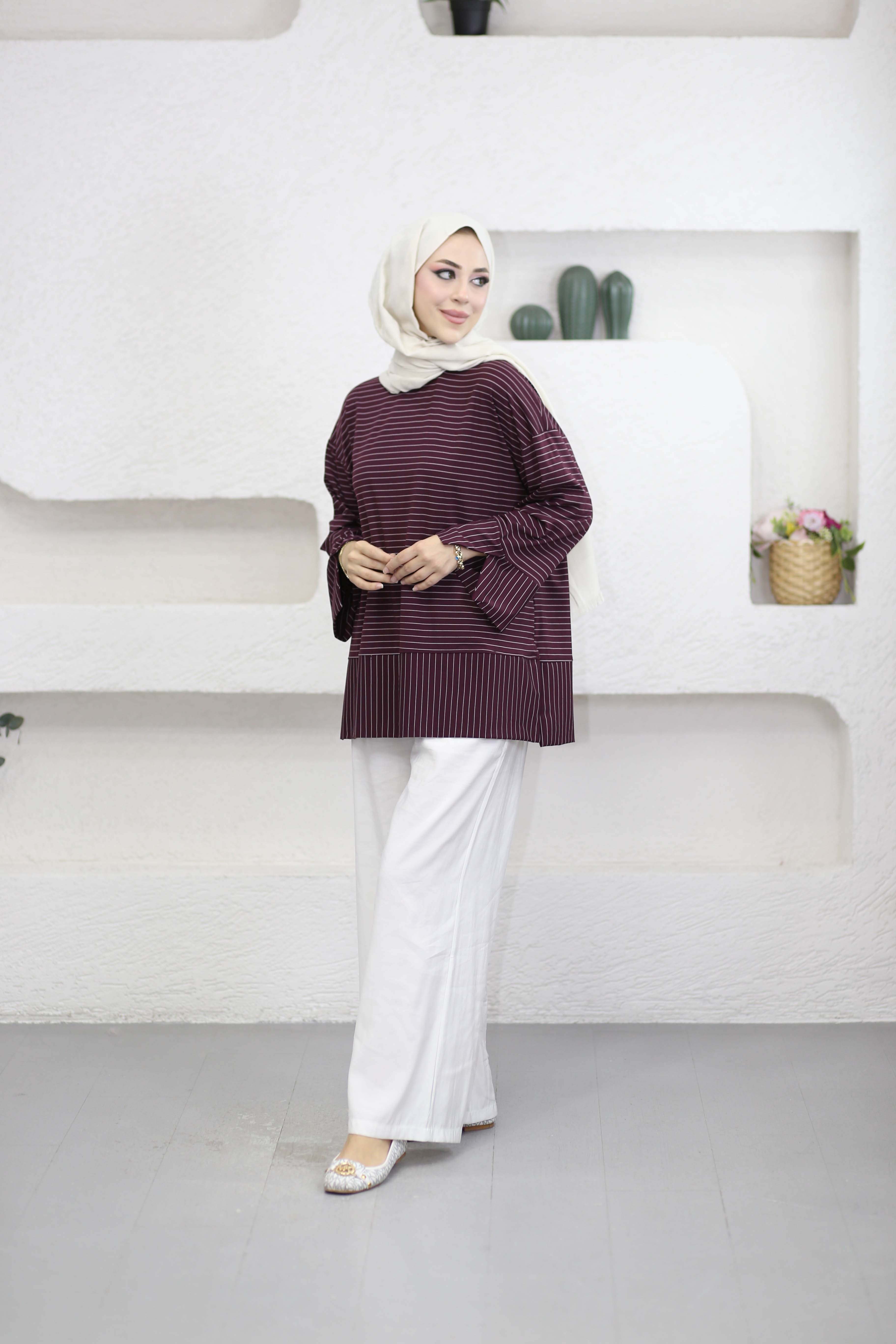 Çizgili Penye Tunik Mürdüm 5023