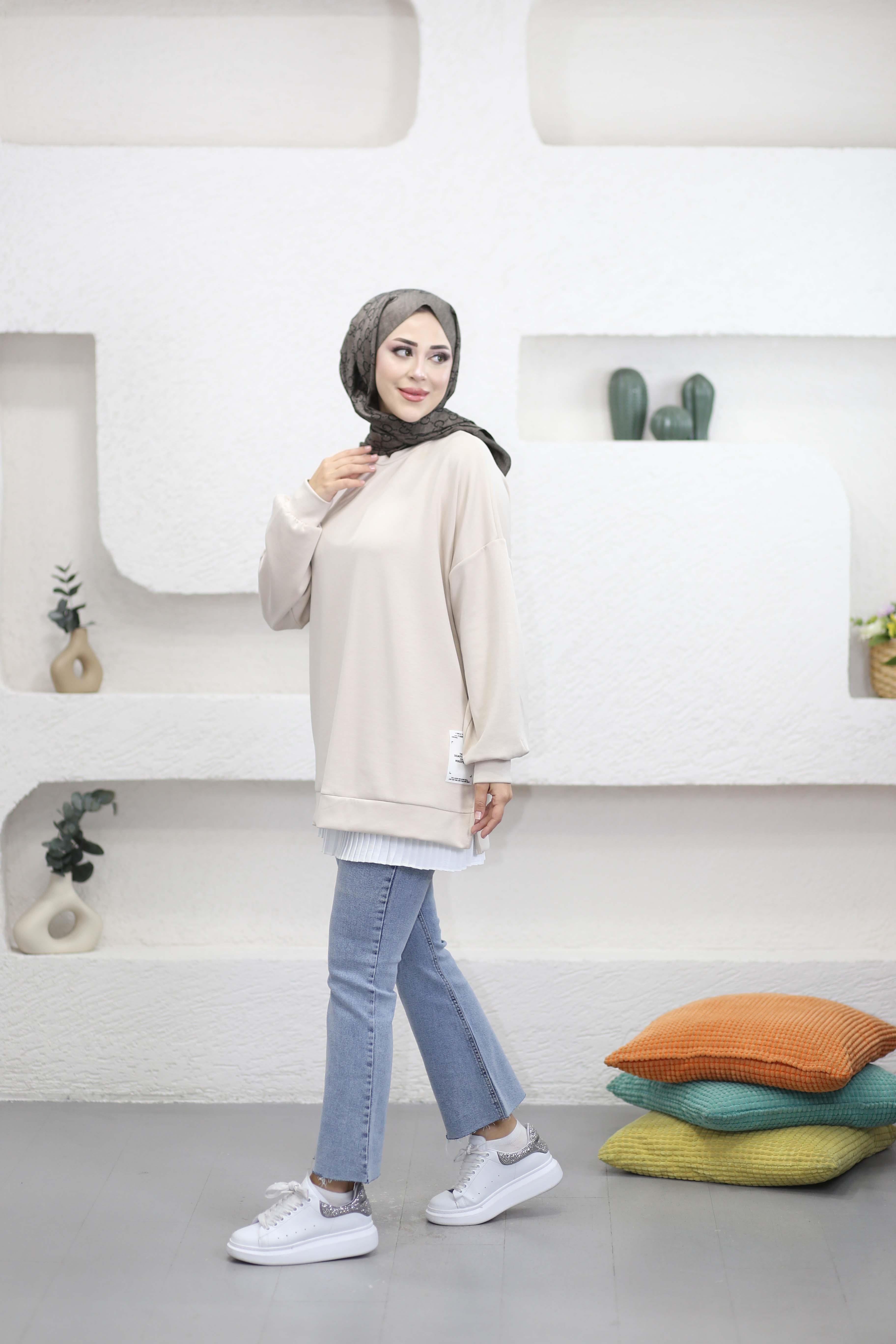 Yan Etiketli Sweat Bej 24363