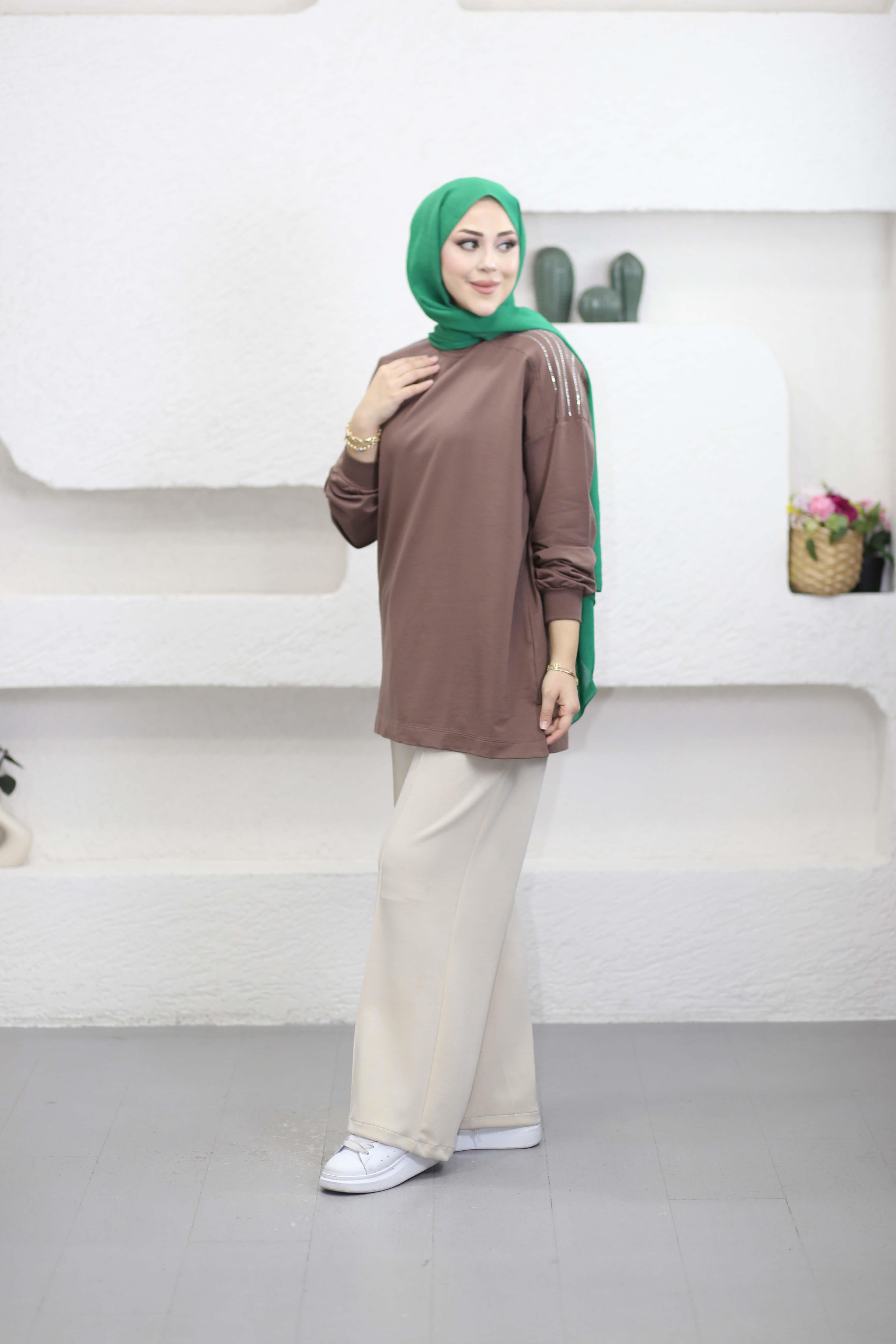 Omzu Taş Detaylı Sweat Toprak 3053