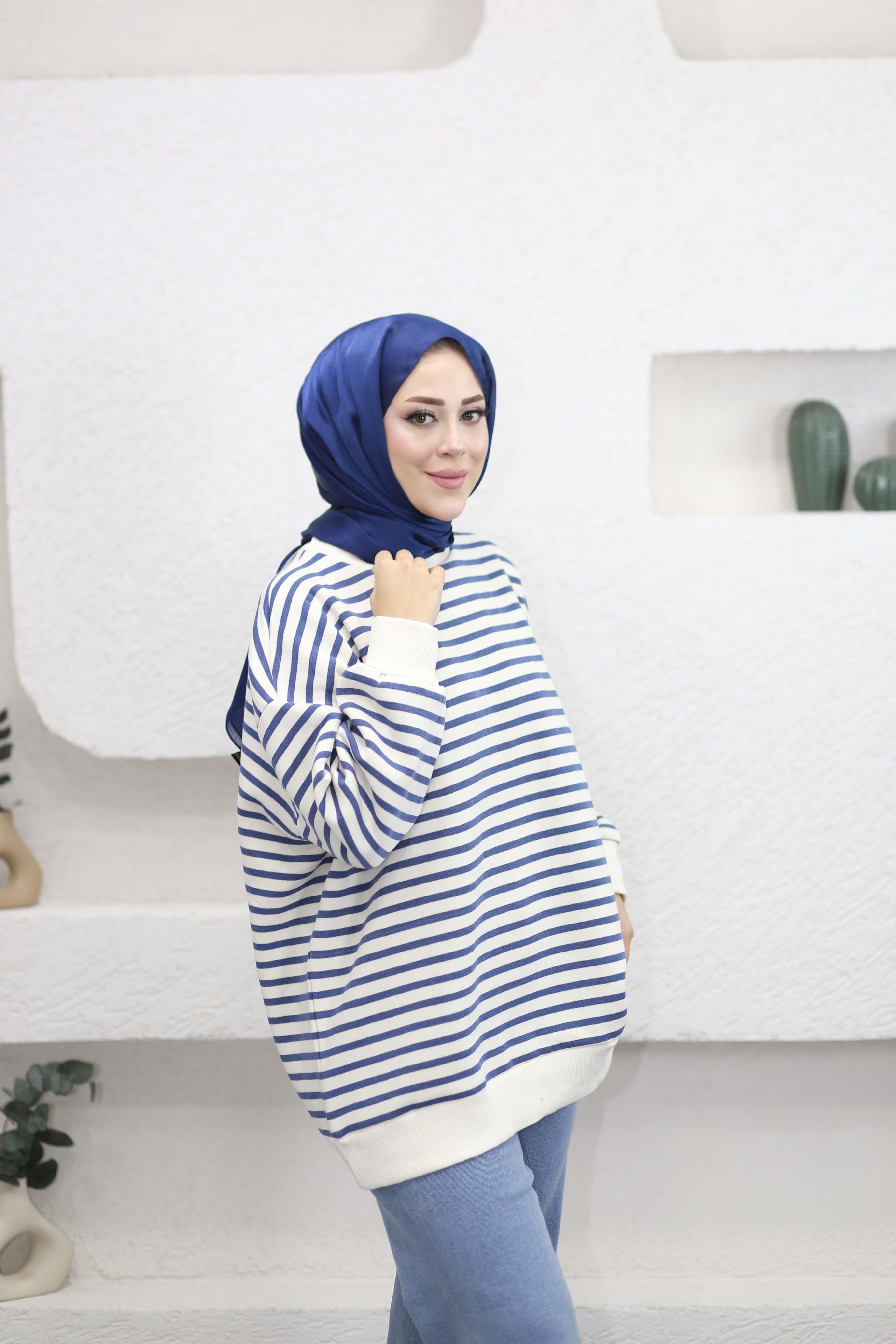 Oversize Çizgili Sweat İndigo 3030