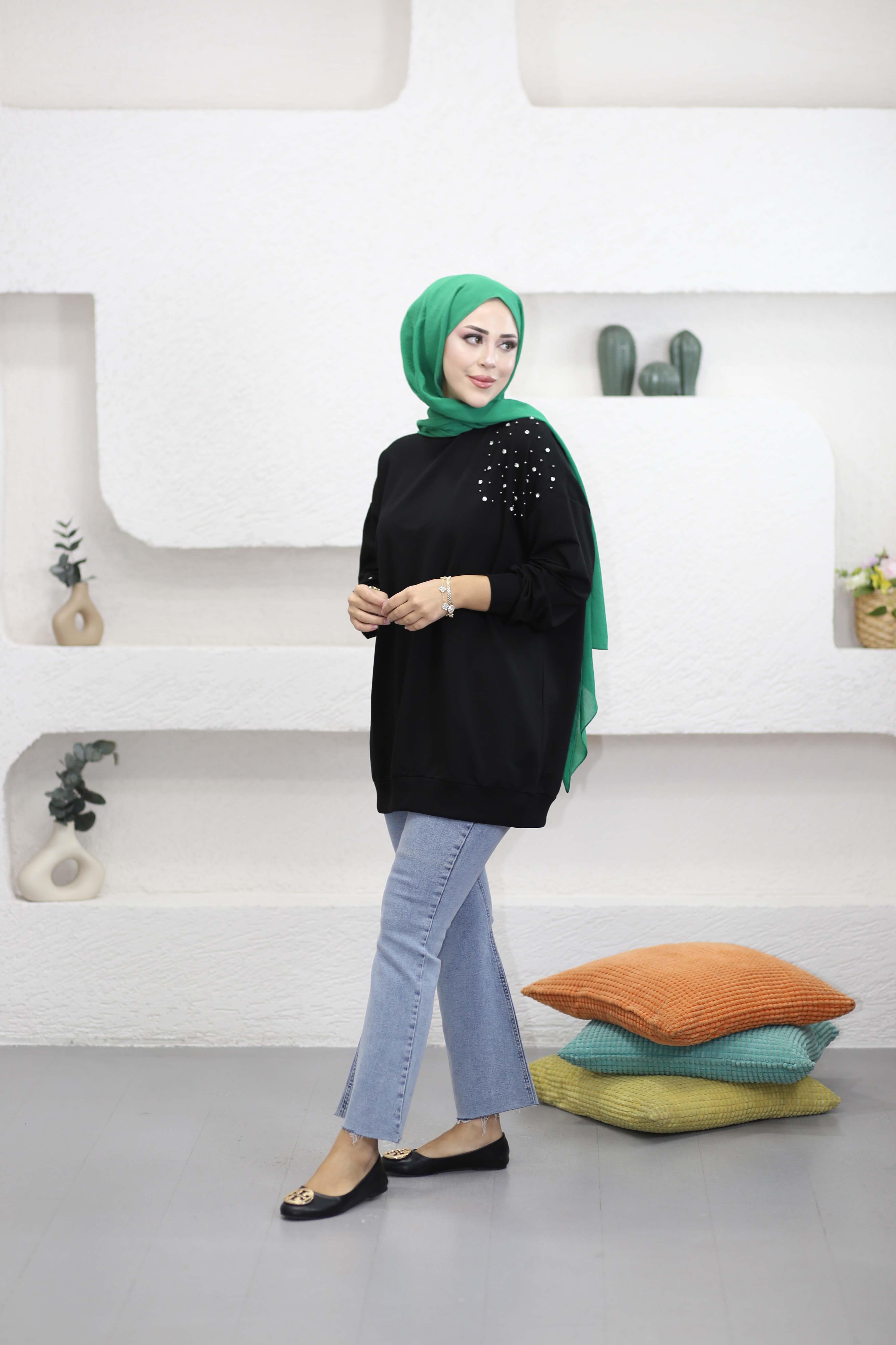 Taş Ve İnci Detaylı Sweat Siyah 2408