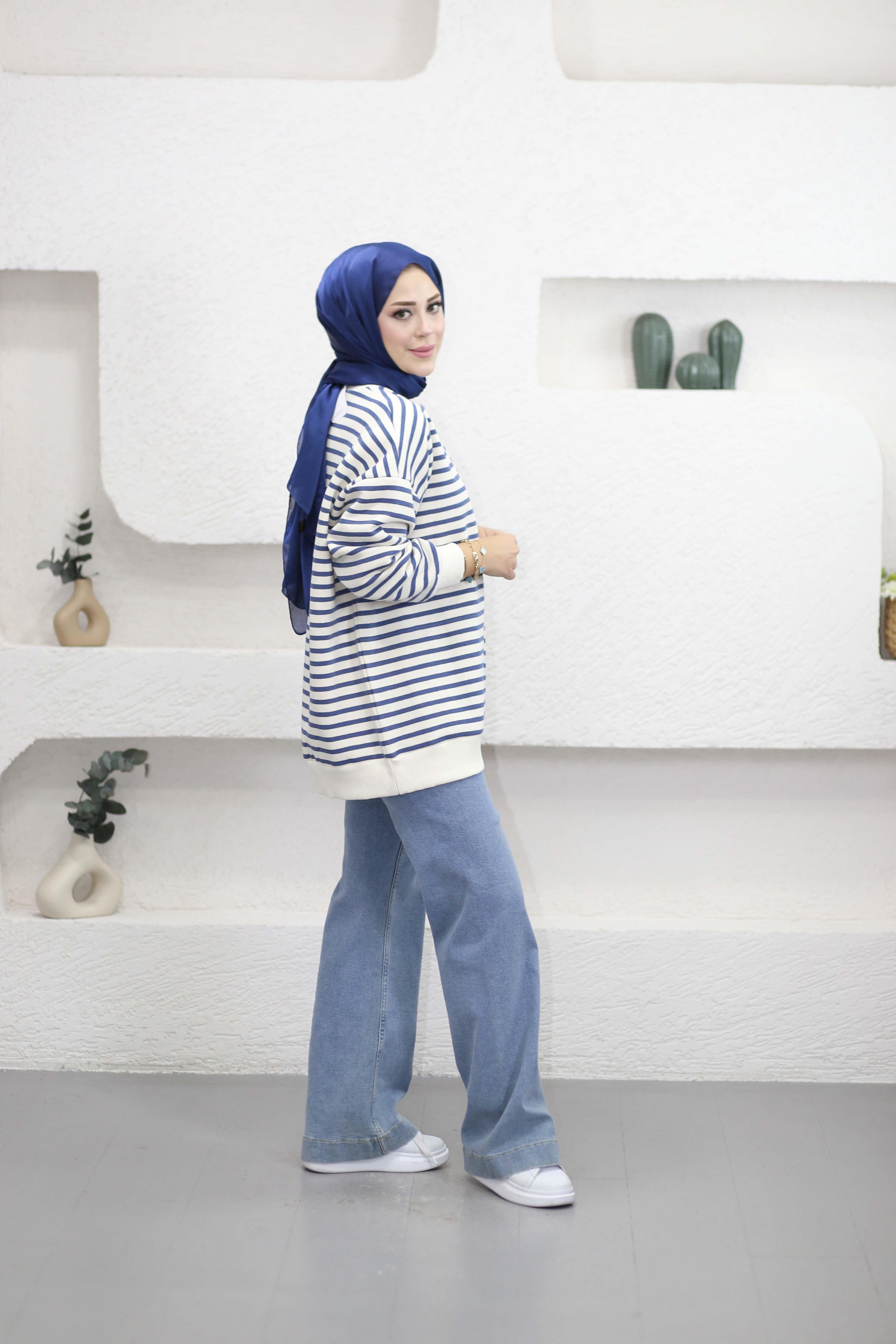 Oversize Çizgili Sweat İndigo 3030