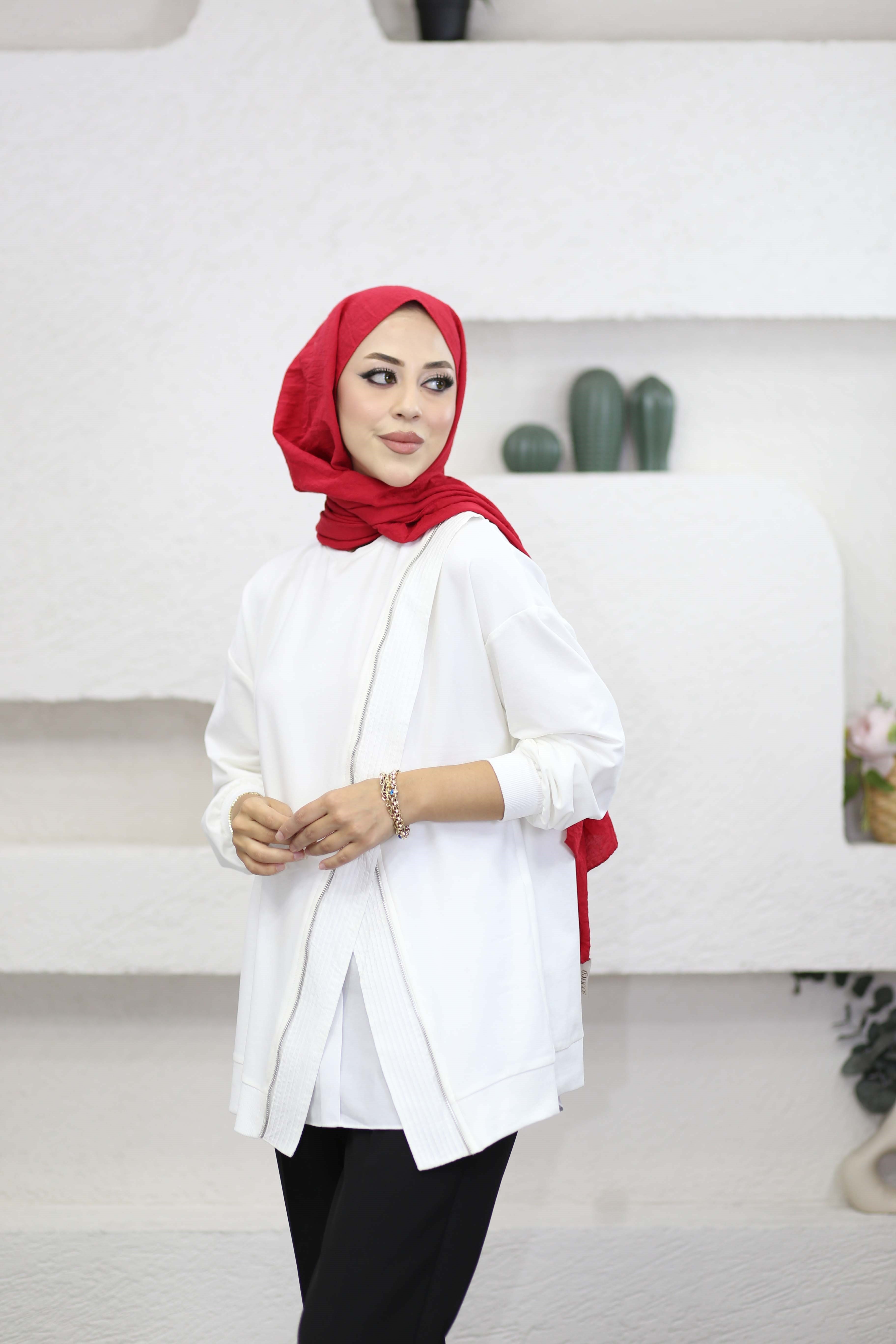 Çapraz Fermuarlı Sweat Beyaz 10771