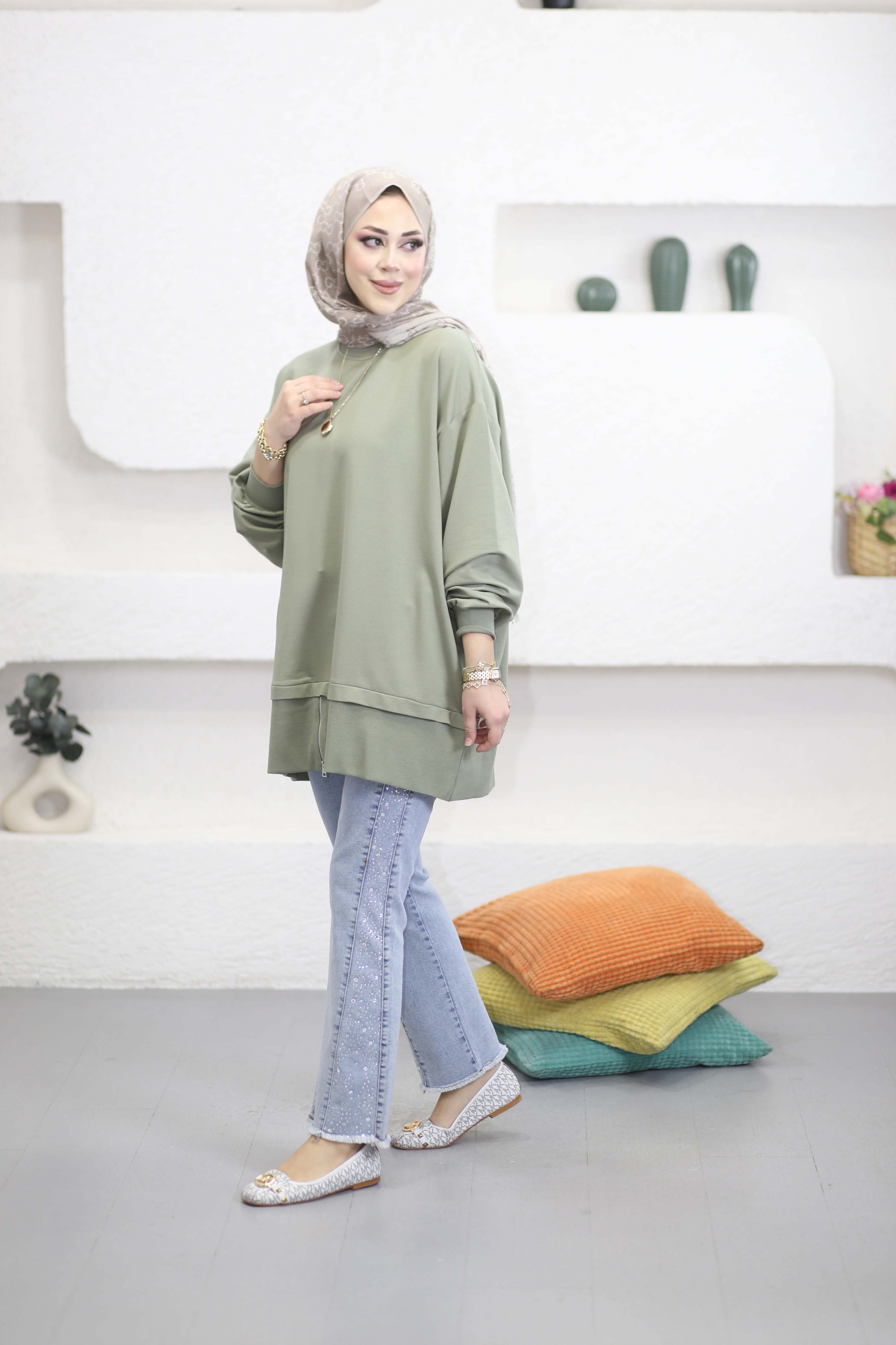 Eteği Fermuarlı Basıc Sweat Çağla Yeşili 6284