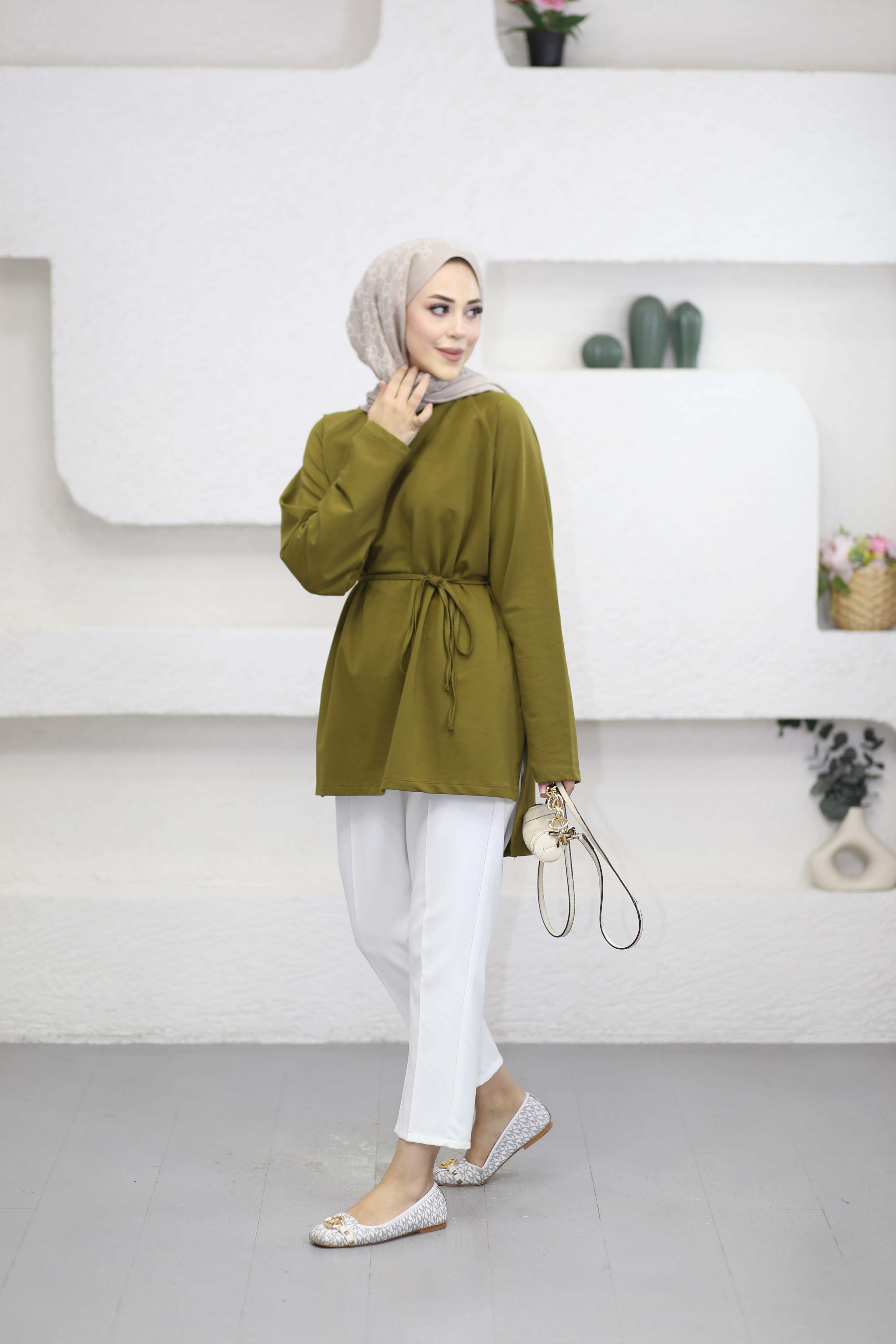 Bel Bağlamalı Tunik Yağ Yeşili 3548