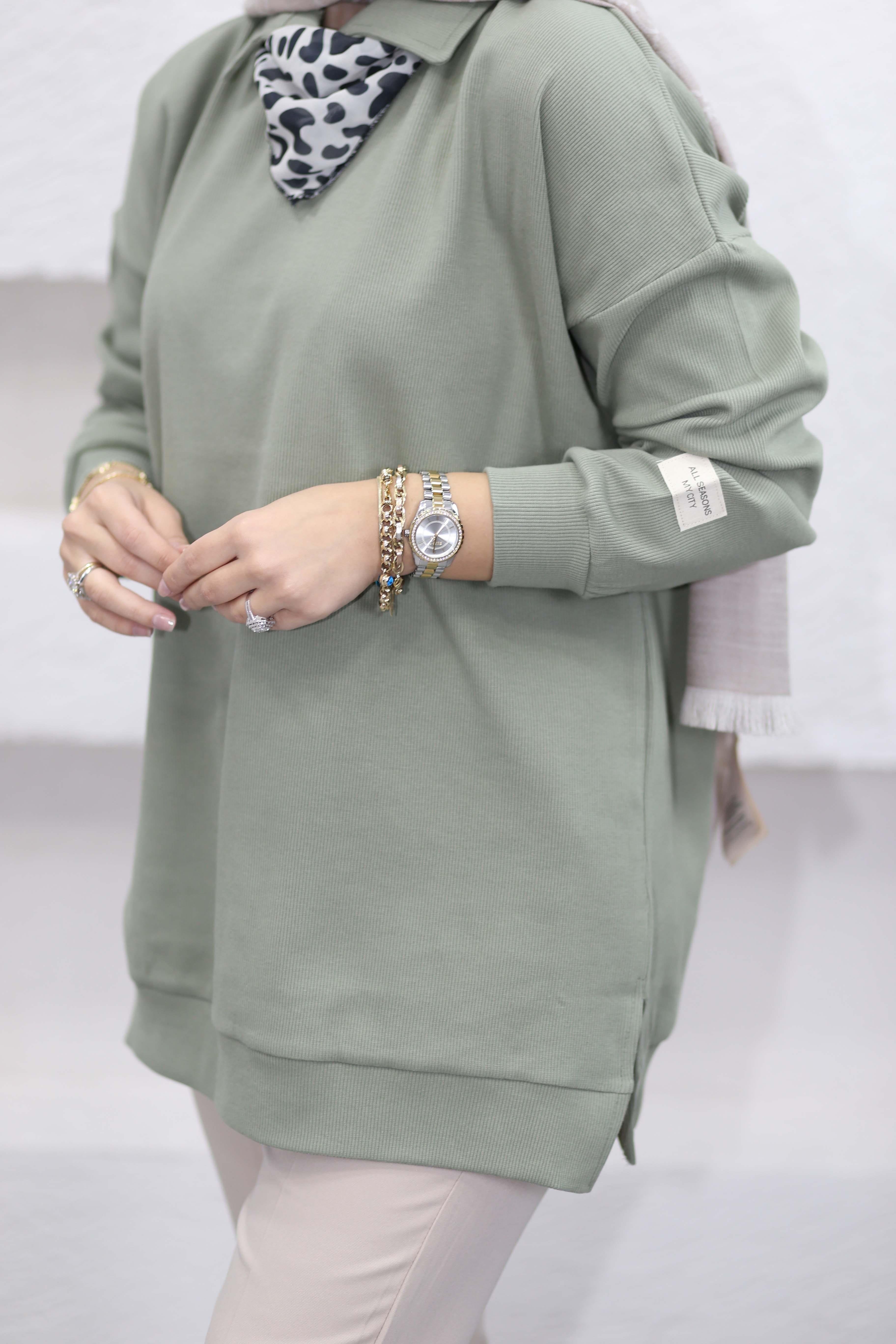 Leopar Fularlı Sweat Çağla Yeşili 6110