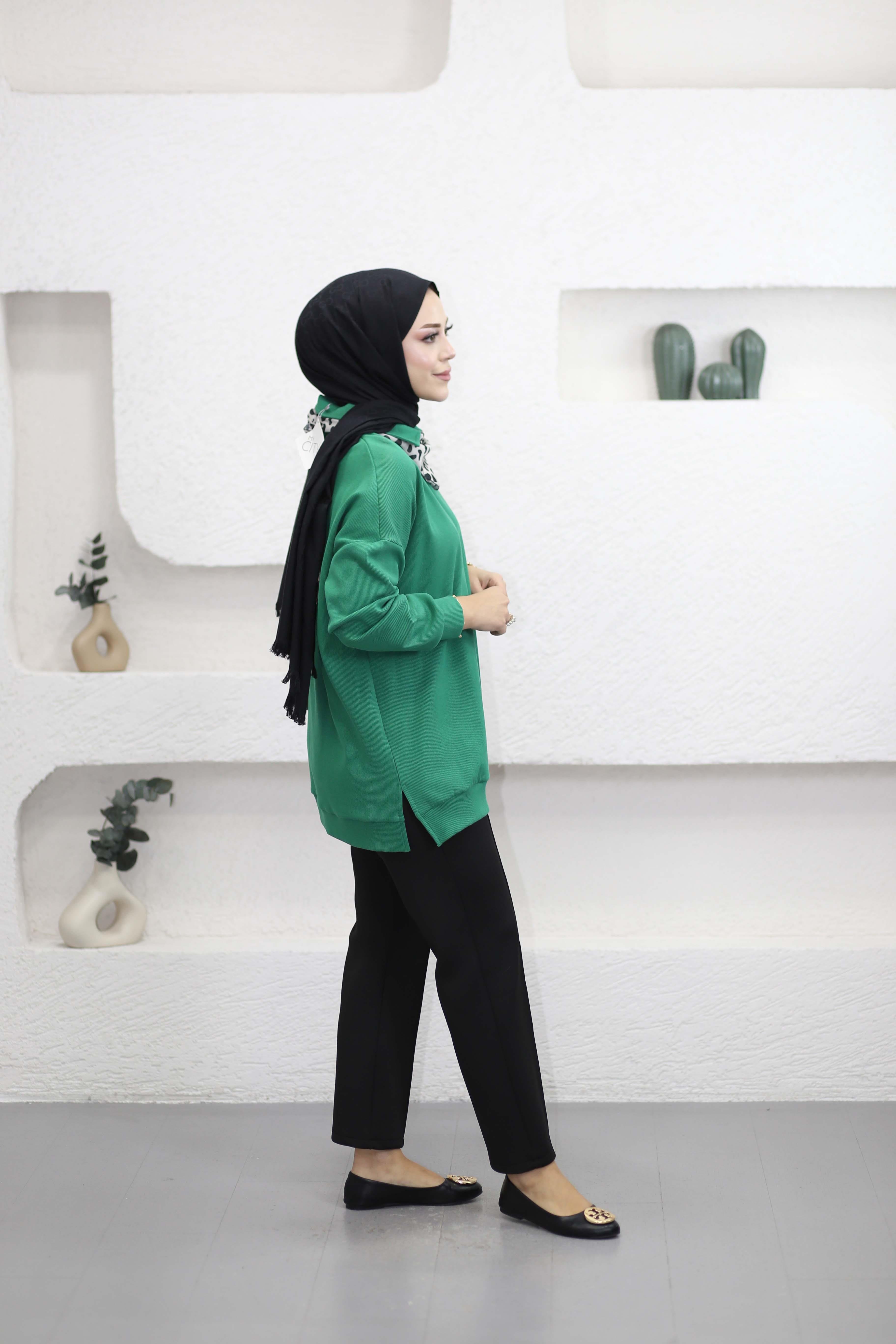 Leopar Fularlı Sweat Benetton Yeşili 6110