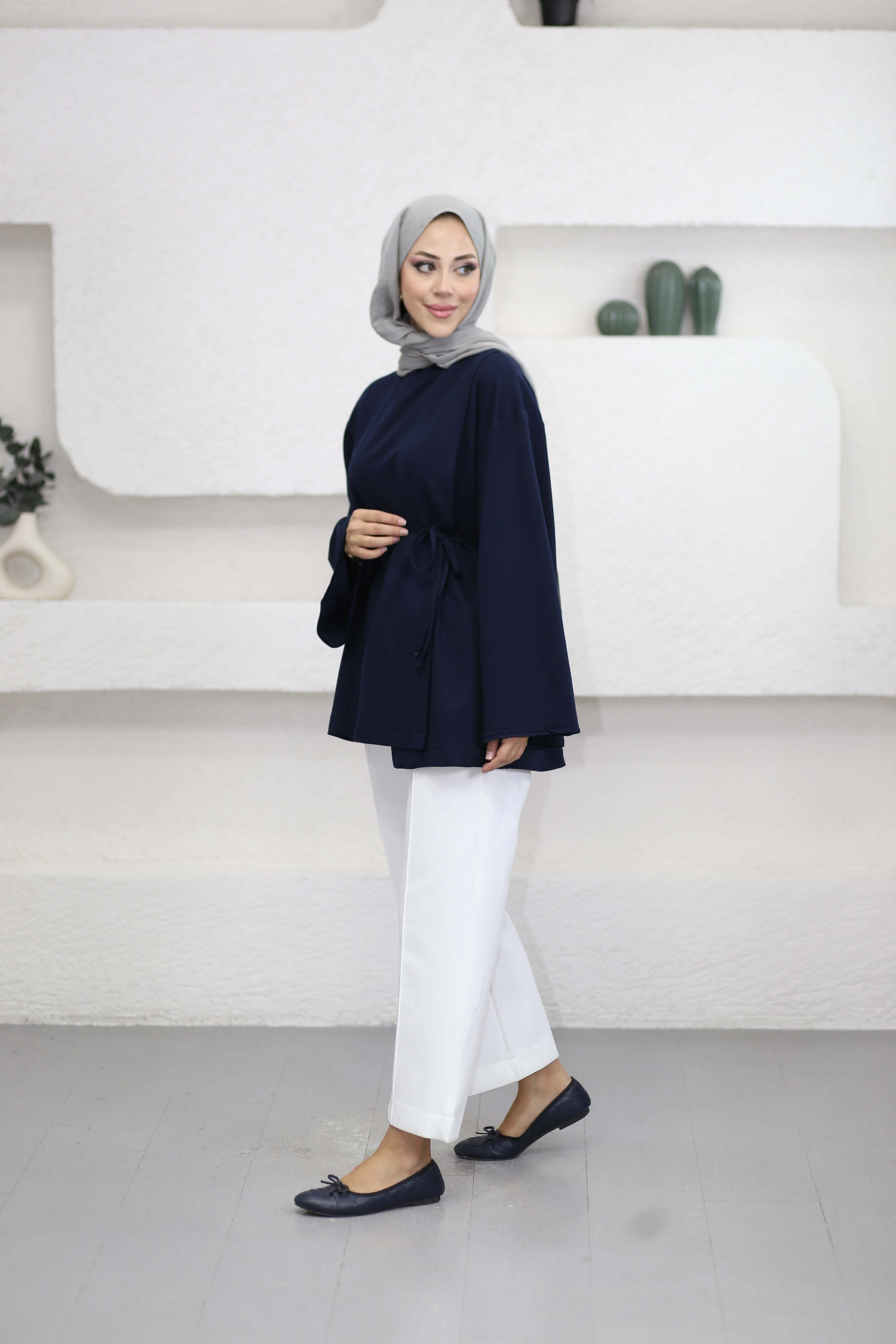Asimetrik Kesim Bel Bağlamalı Tunik Lacivert 3550