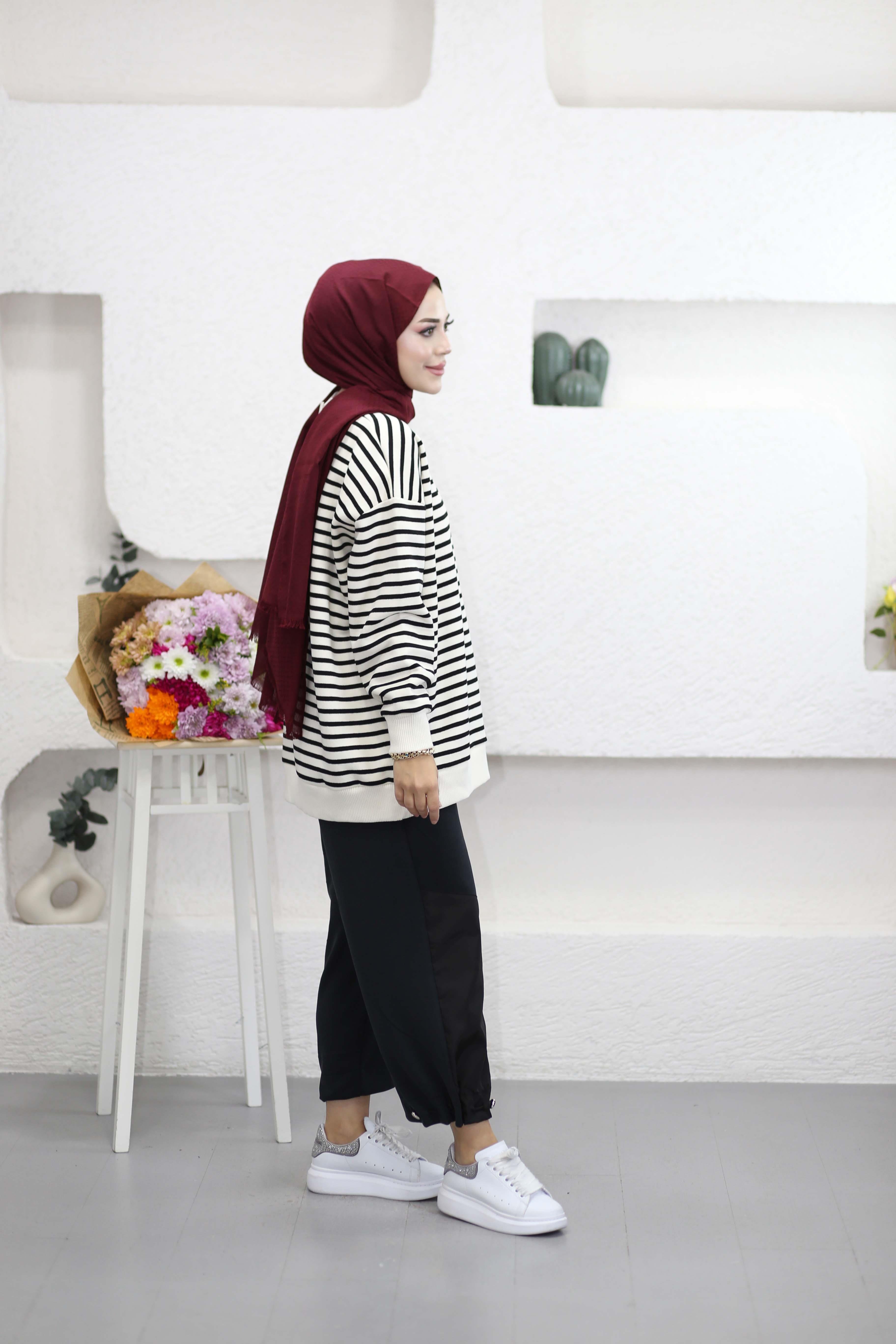 Oversize Çizgili Sweat Siyah 3030