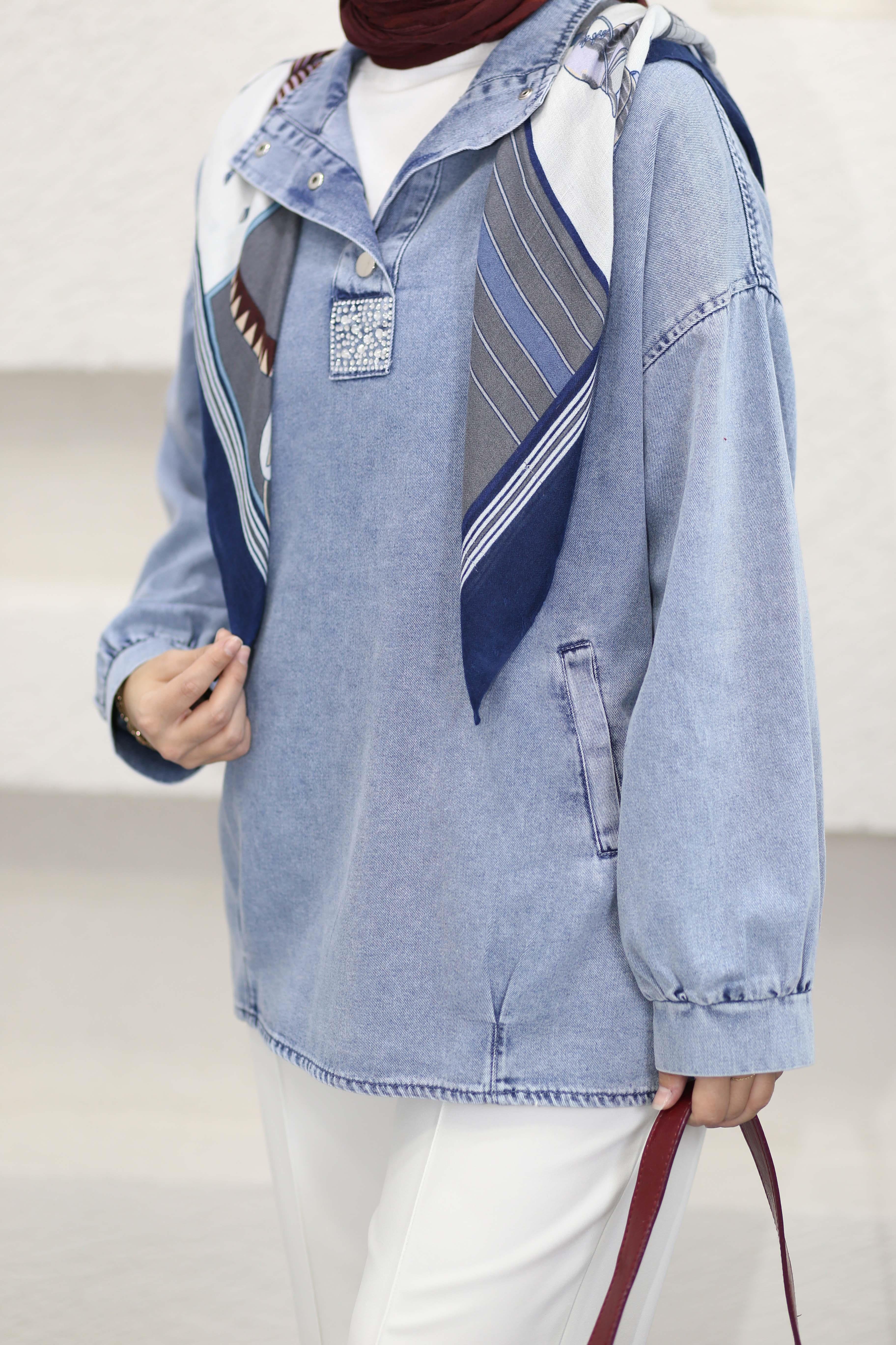 Yakası Çıtçıt Taşlı Sweat Açık Mavi 7395