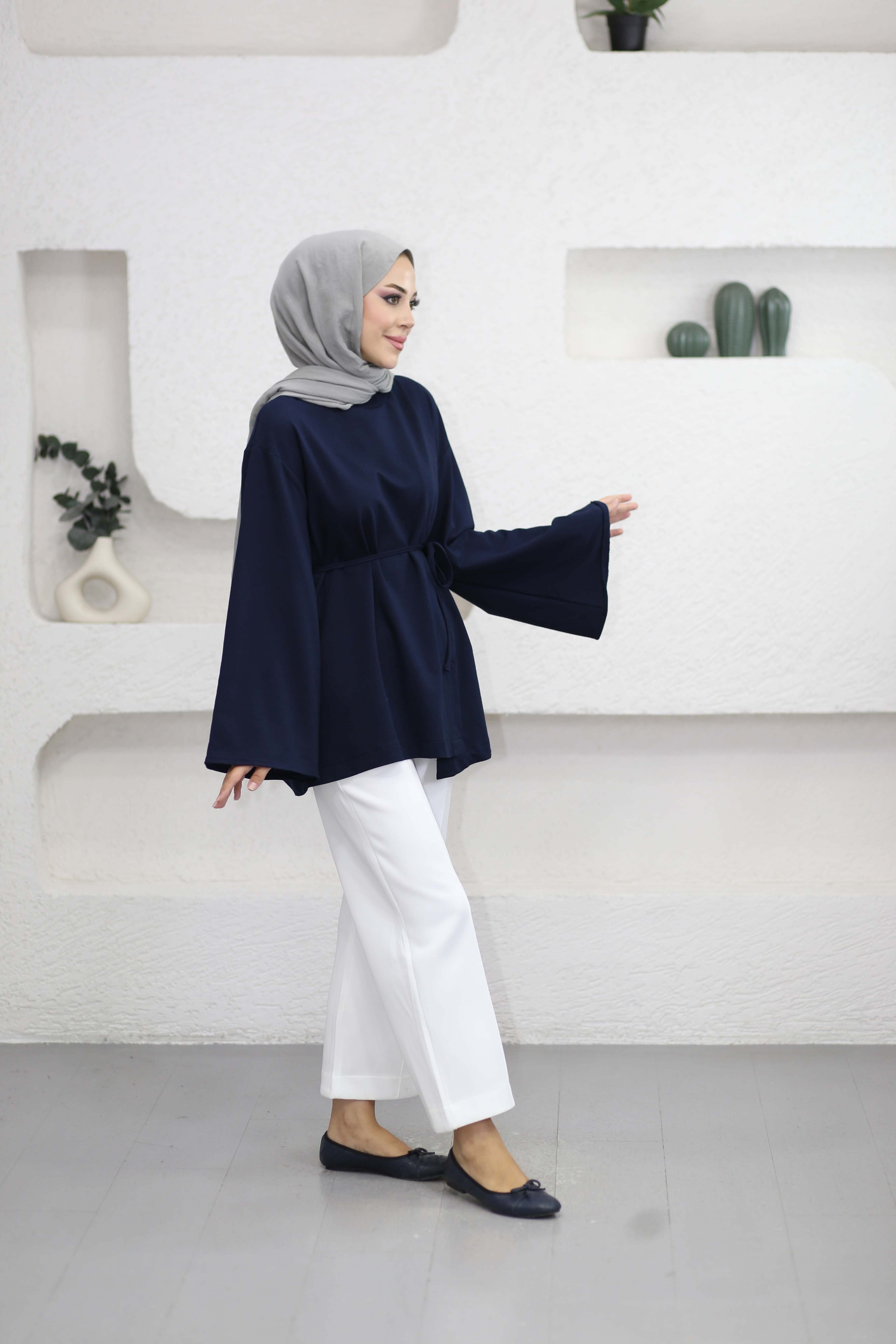Asimetrik Kesim Bel Bağlamalı Tunik Lacivert 3550