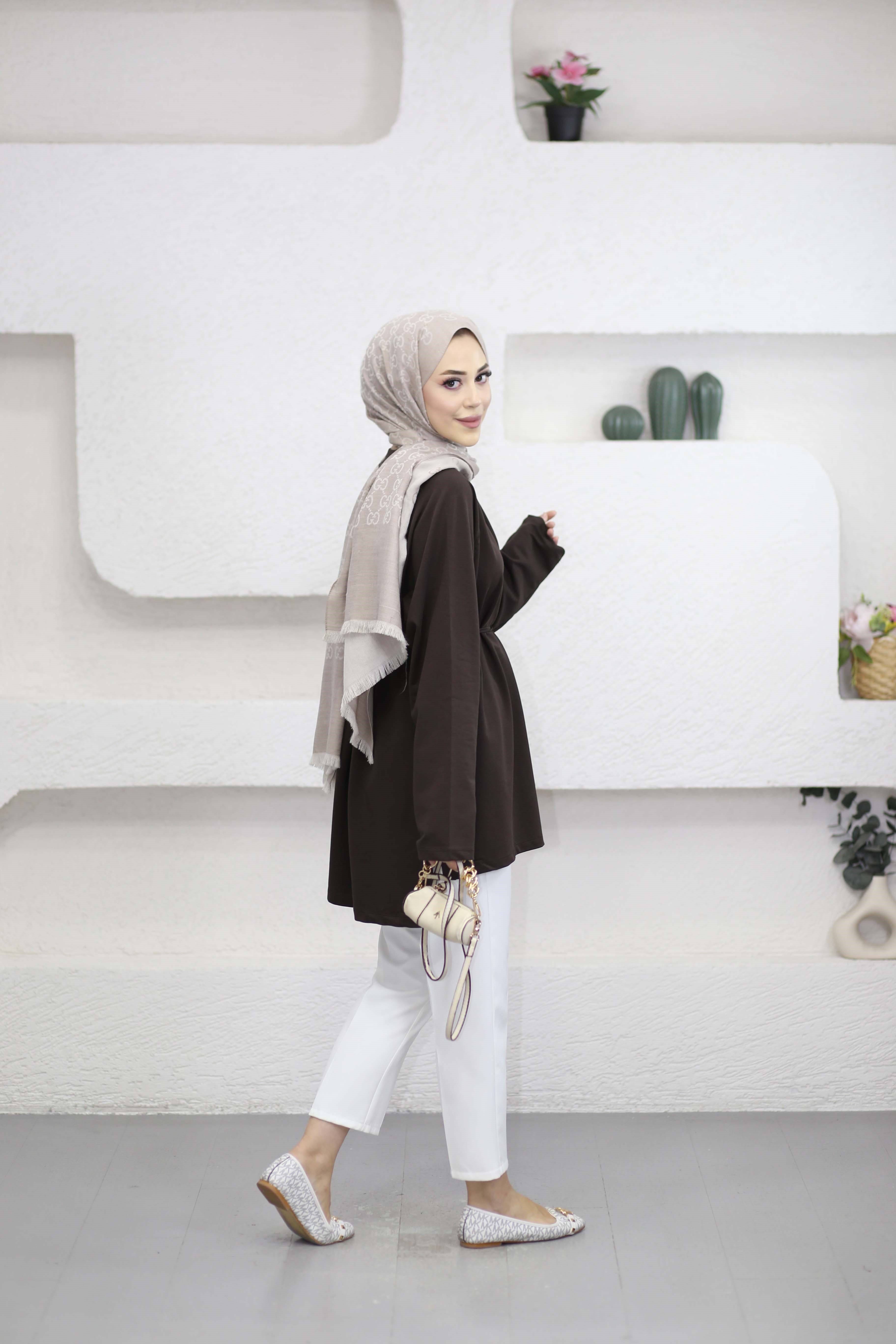 Bel Bağlamalı Tunik Kahverengi 3548