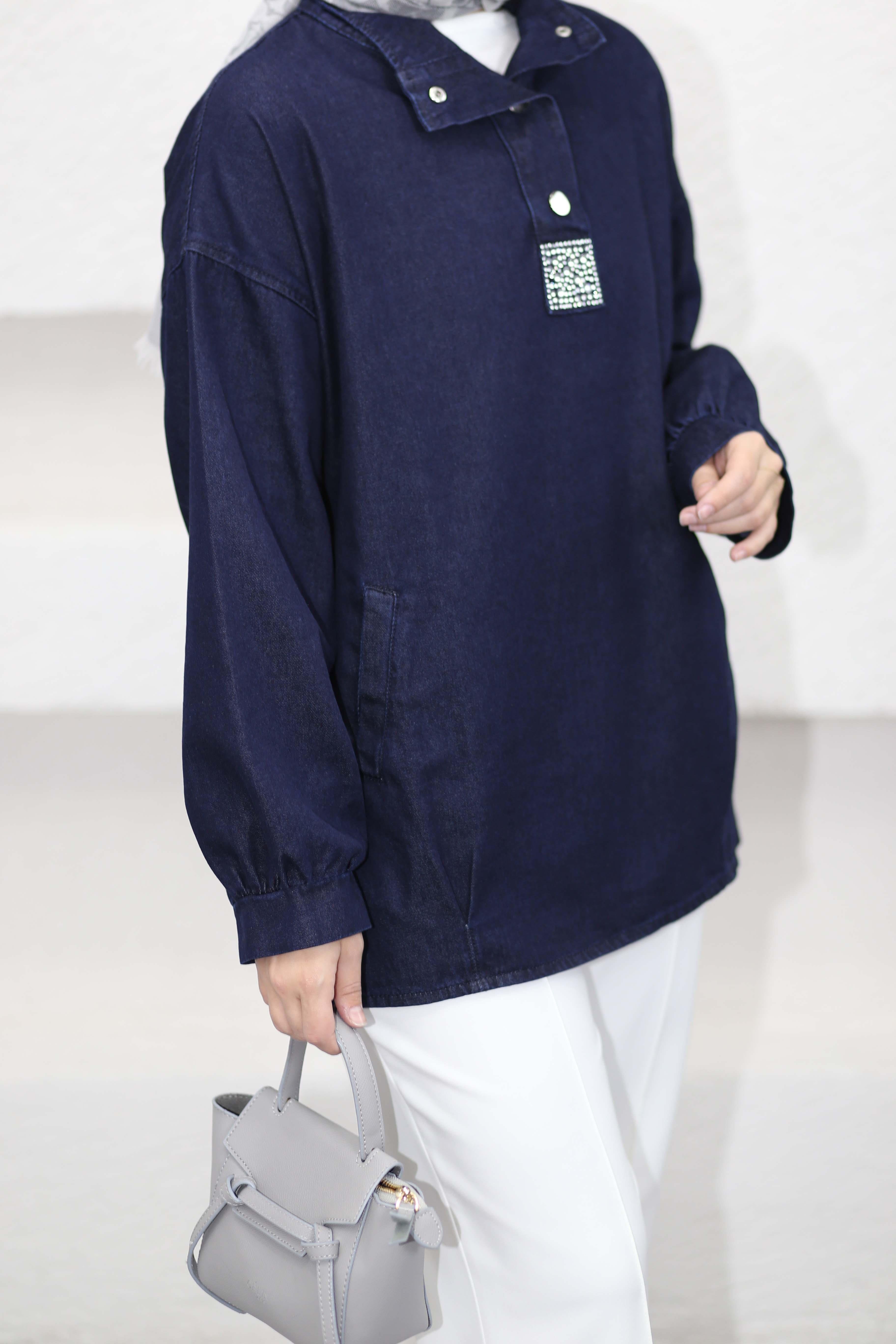 Yakası Çıtçıt Taşlı Sweat Koyu Mavi 7395