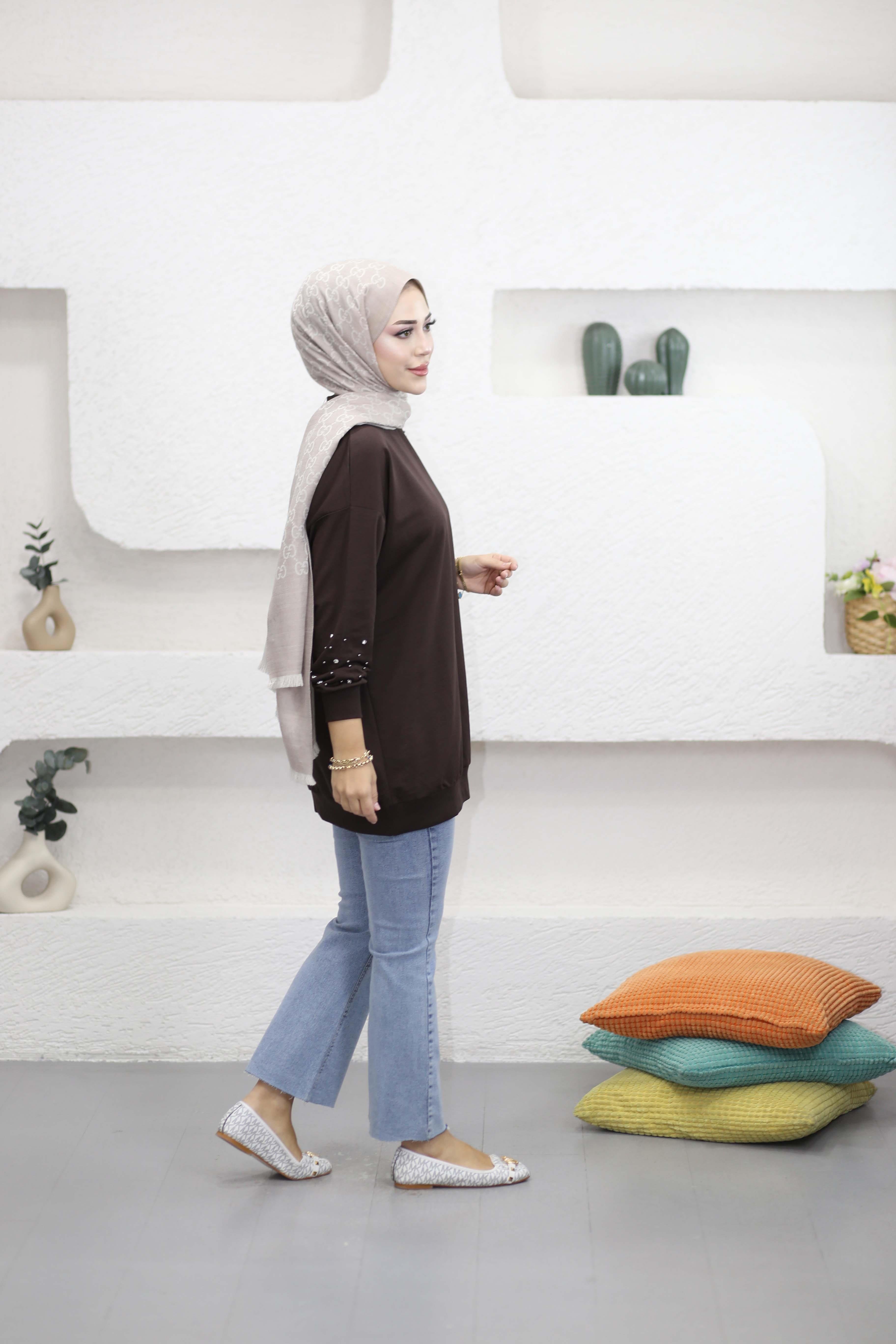 Taş Ve İnci Detaylı Sweat Kahverengi 2408