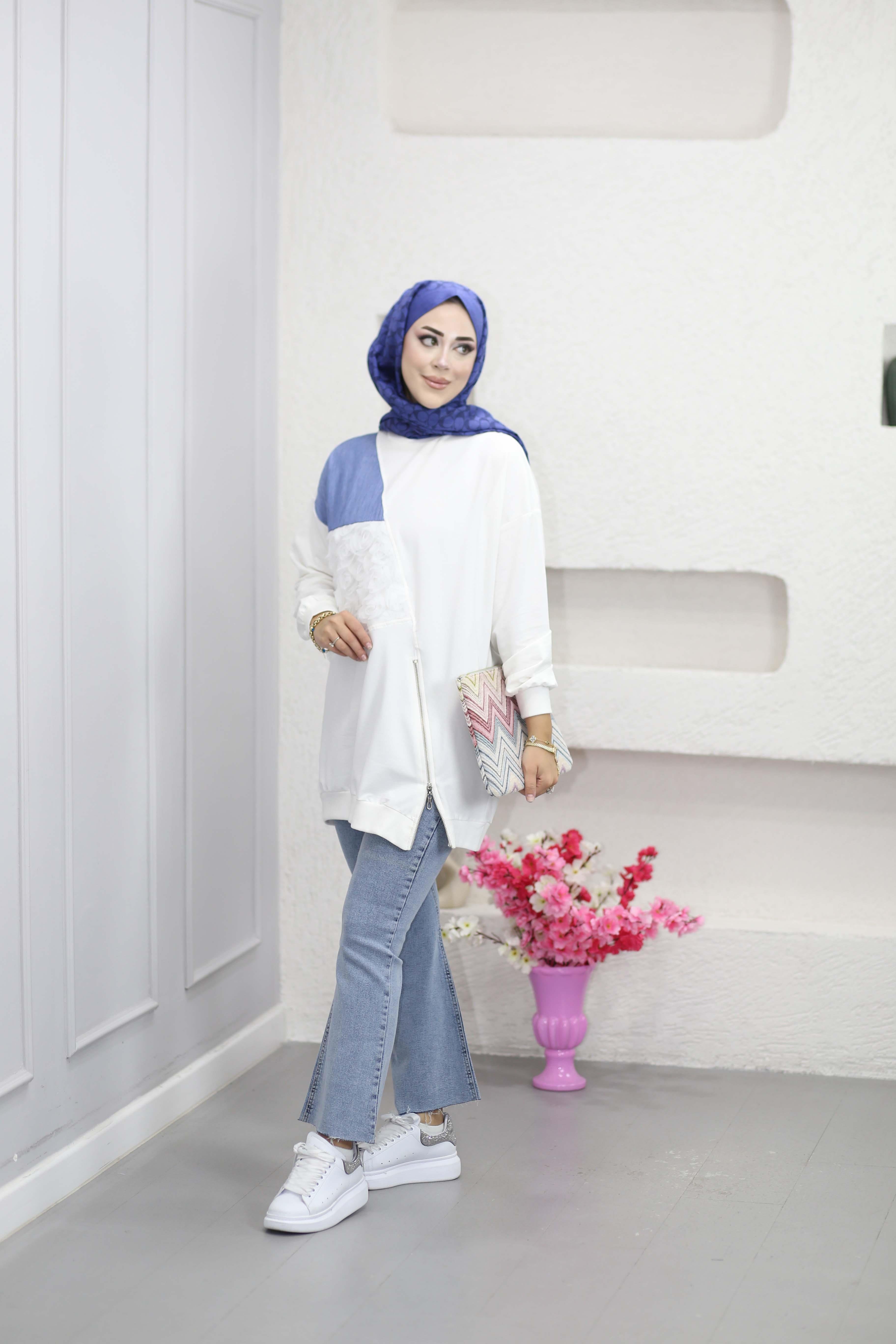 Tül Ve Kat Garnili Sweat Beyaz 3127