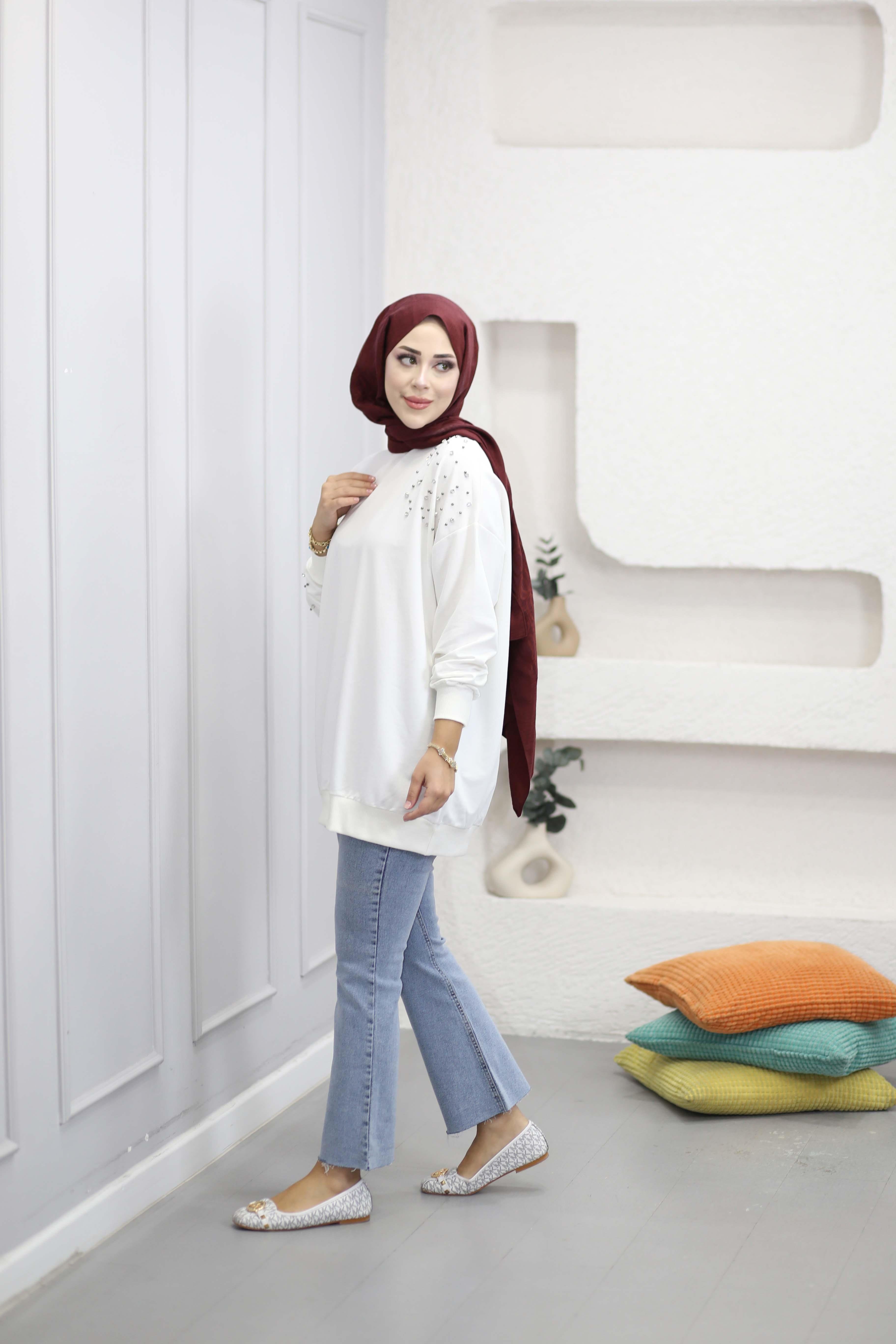 Taş Ve İnci Detaylı Sweat Beyaz 2408