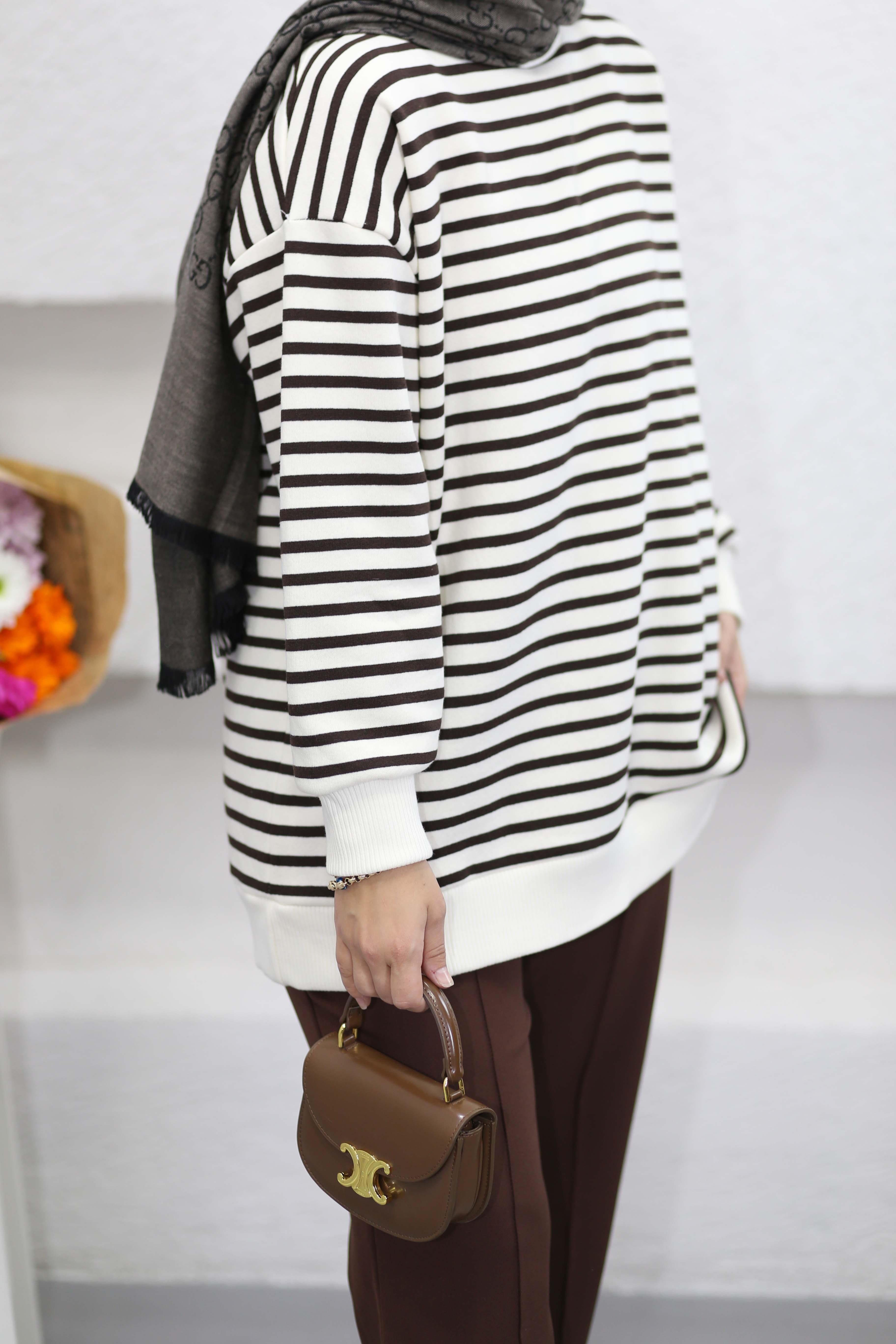Oversize Çizgili Sweat Kahverengi 3030