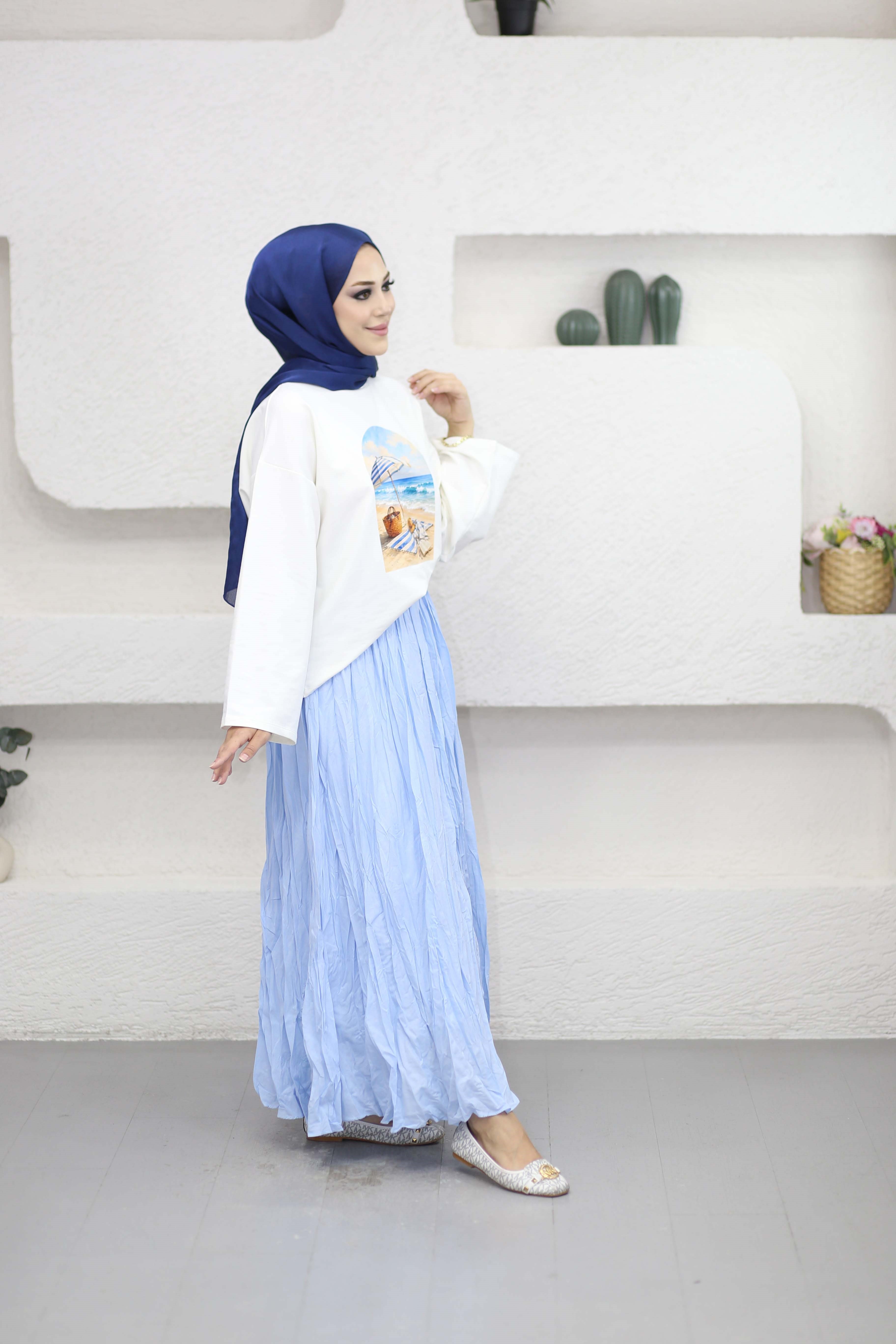 Oversize Baskılı Tişört Mavi 2792