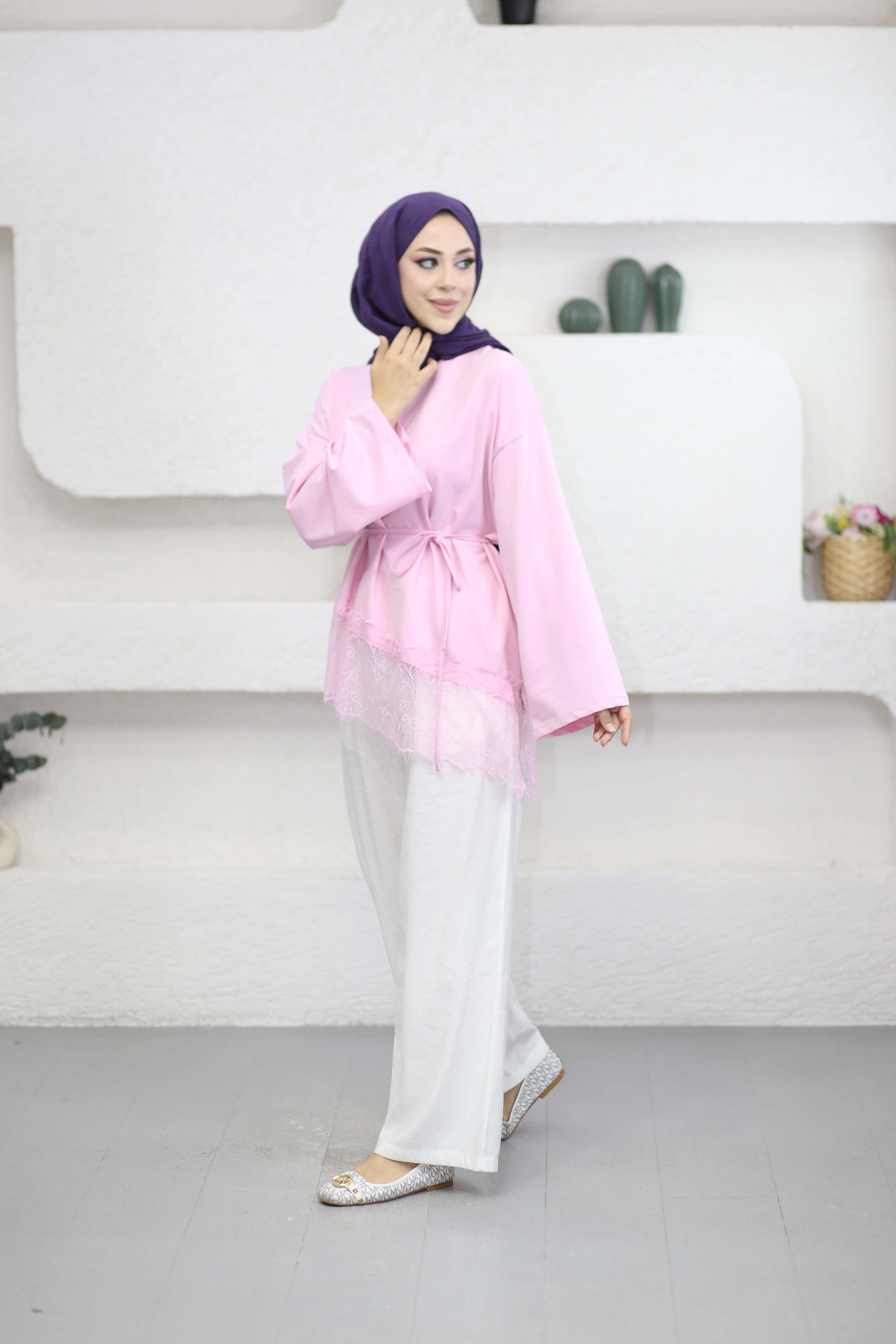 Eteği Dantelli Sweat Pembe 3491