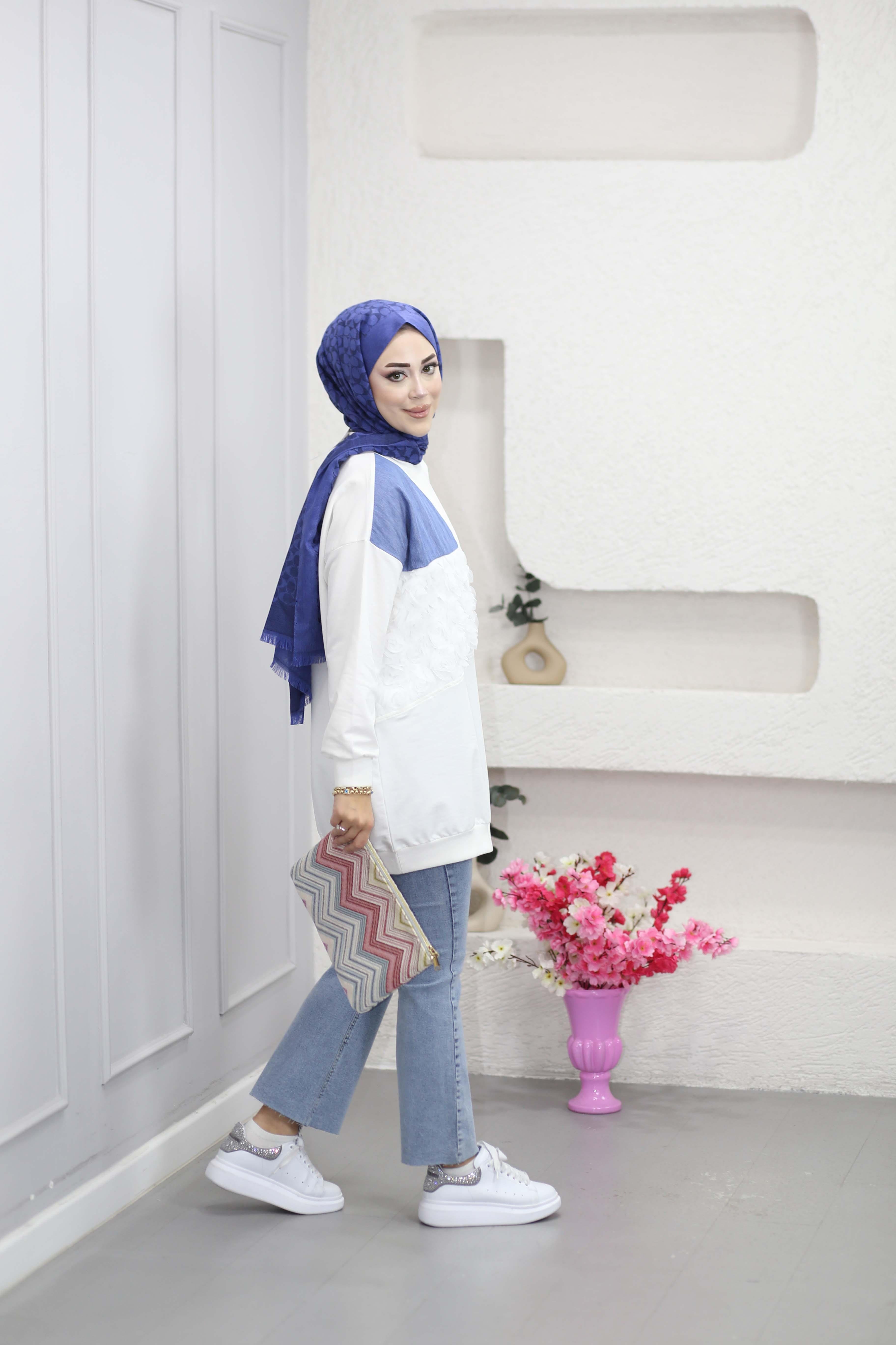 Tül Ve Kat Garnili Sweat Beyaz 3127