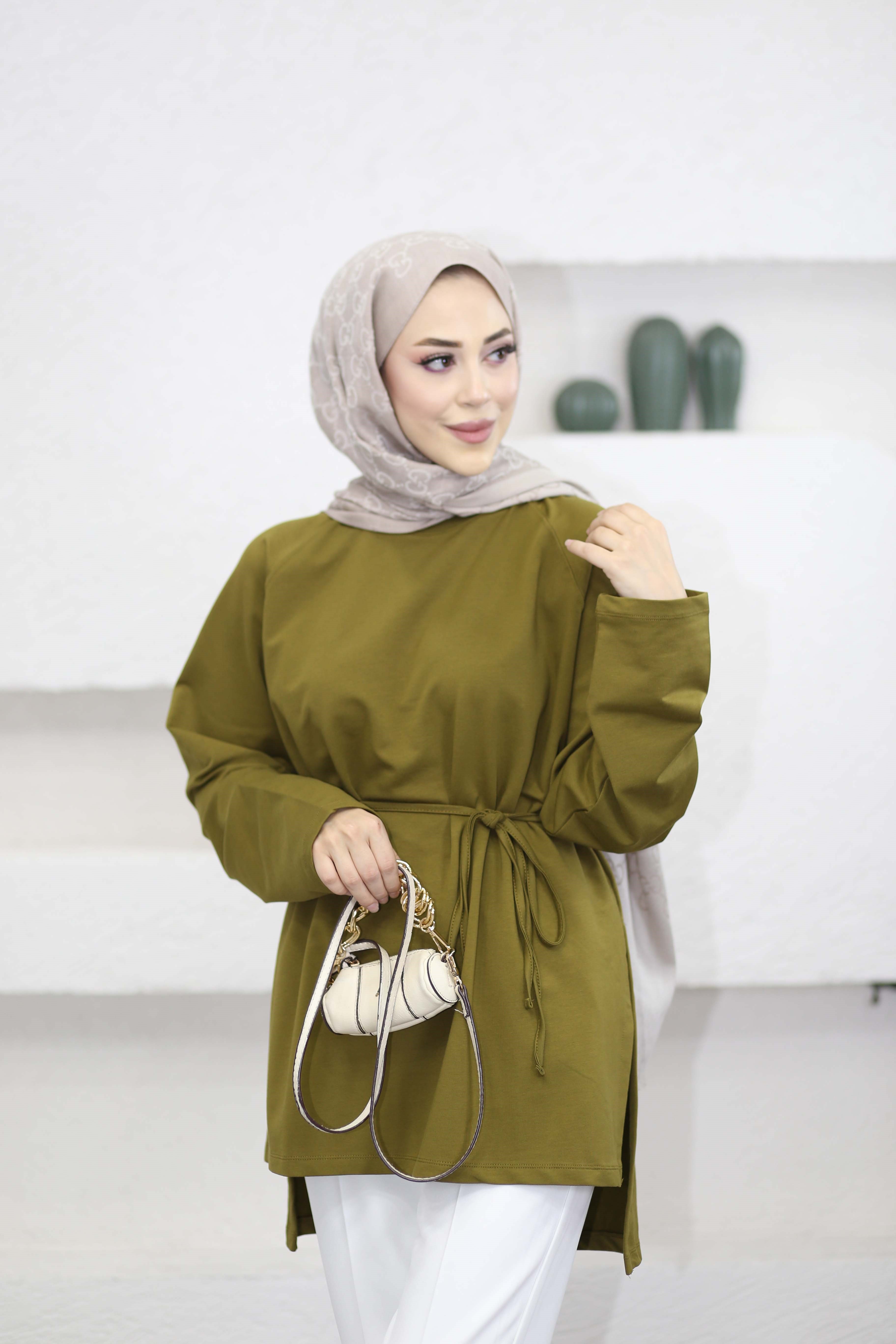 Bel Bağlamalı Tunik Yağ Yeşili 3548