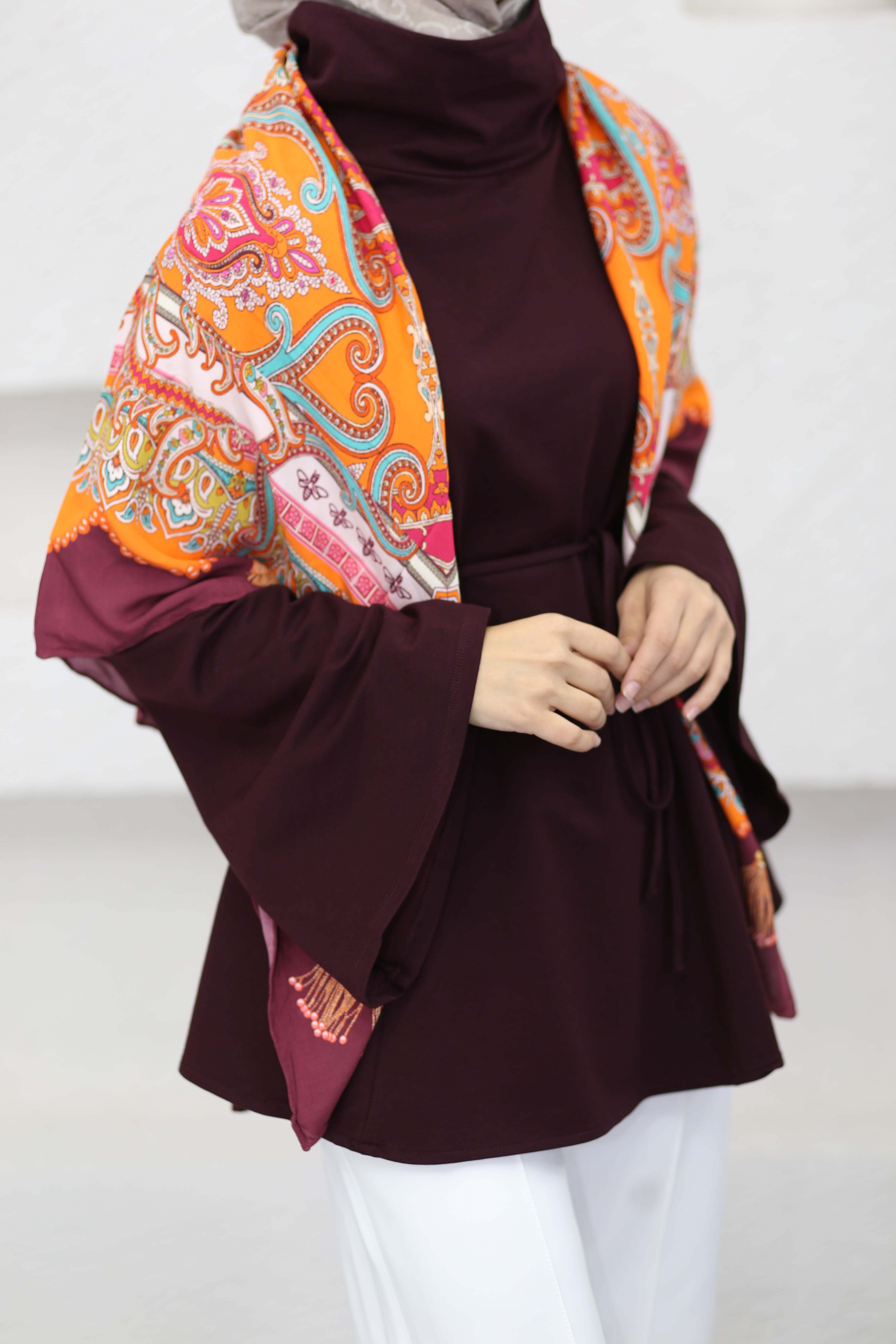 Bel Bağlamalı Dik Yaka Tunik Bordo 3540