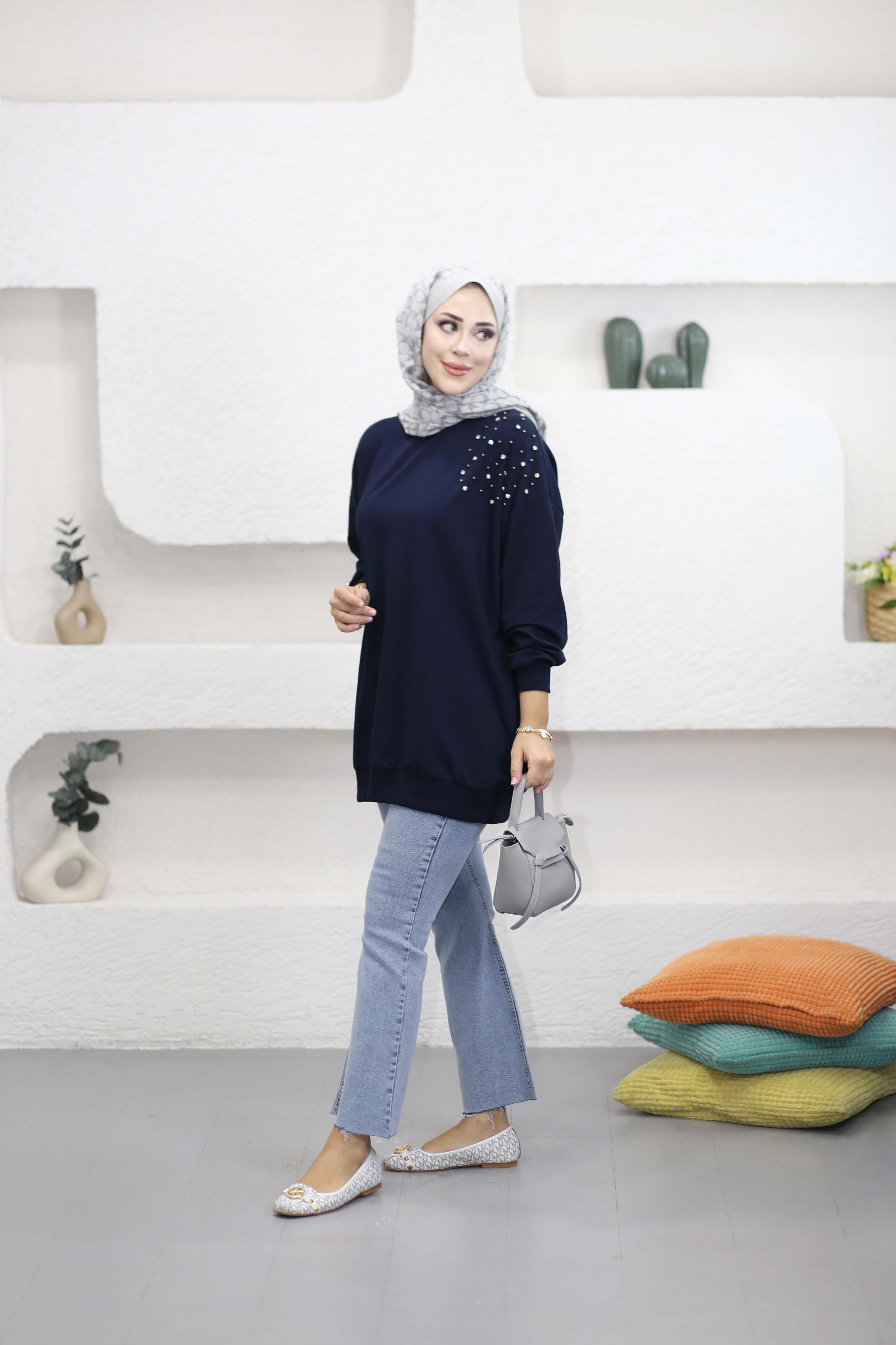 Taş Ve İnci Detaylı Sweat Lacivert 2408
