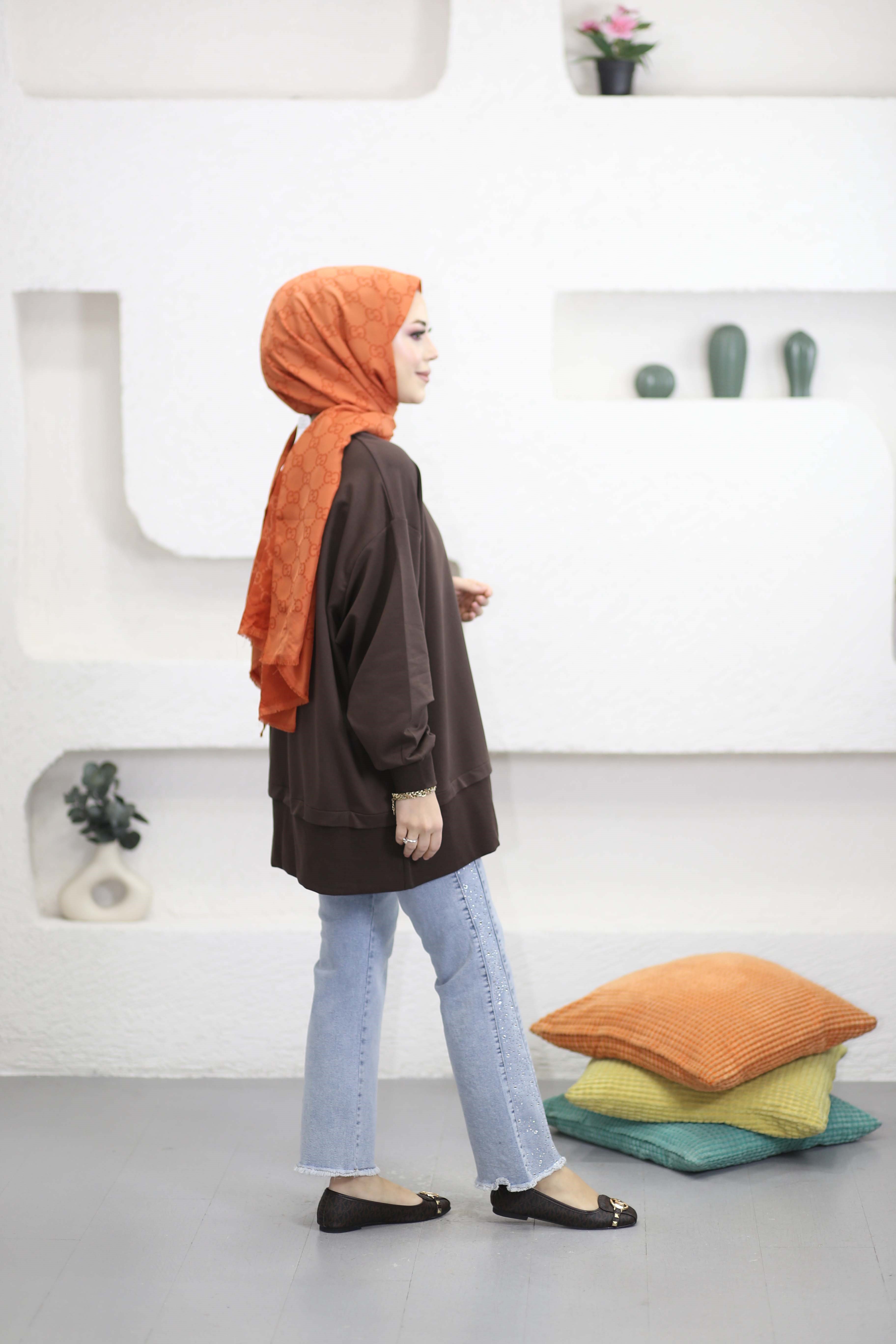 Eteği Fermuarlı Basıc Sweat Kahverengi 6284